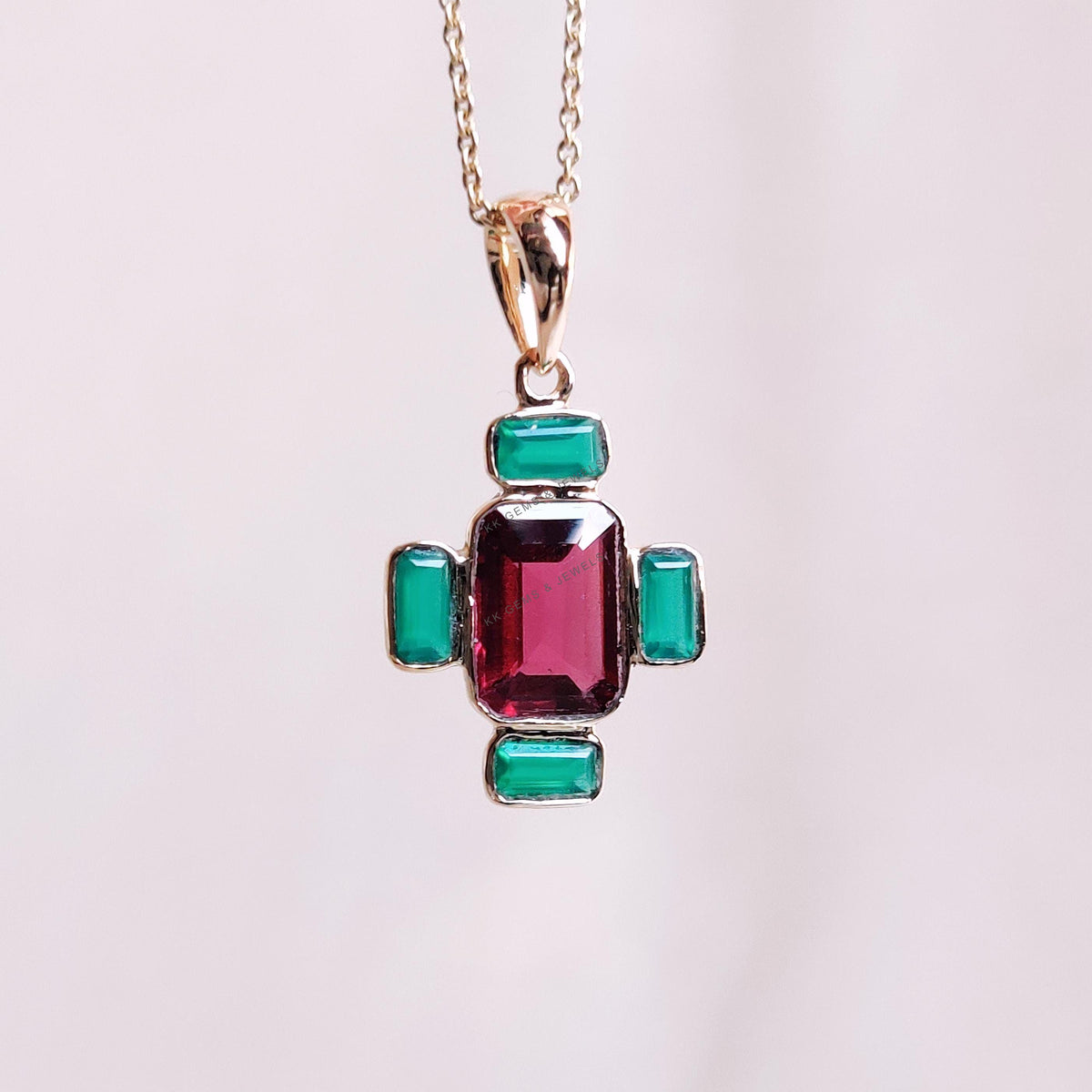 14K Solid Yellow Gold Natural Rhodolite Garnet & Green Onyx Pendant, Multi Stone Pendant