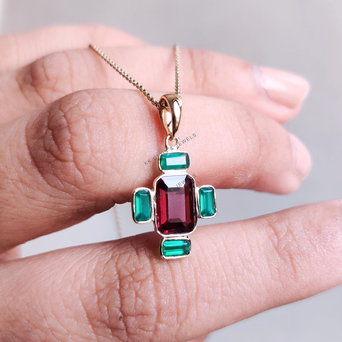 14K Solid Yellow Gold Natural Rhodolite Garnet & Green Onyx Pendant, Multi Stone Pendant
