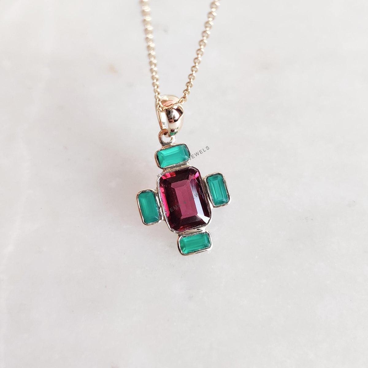 14K Solid Yellow Gold Natural Rhodolite Garnet & Green Onyx Pendant, Multi Stone Pendant