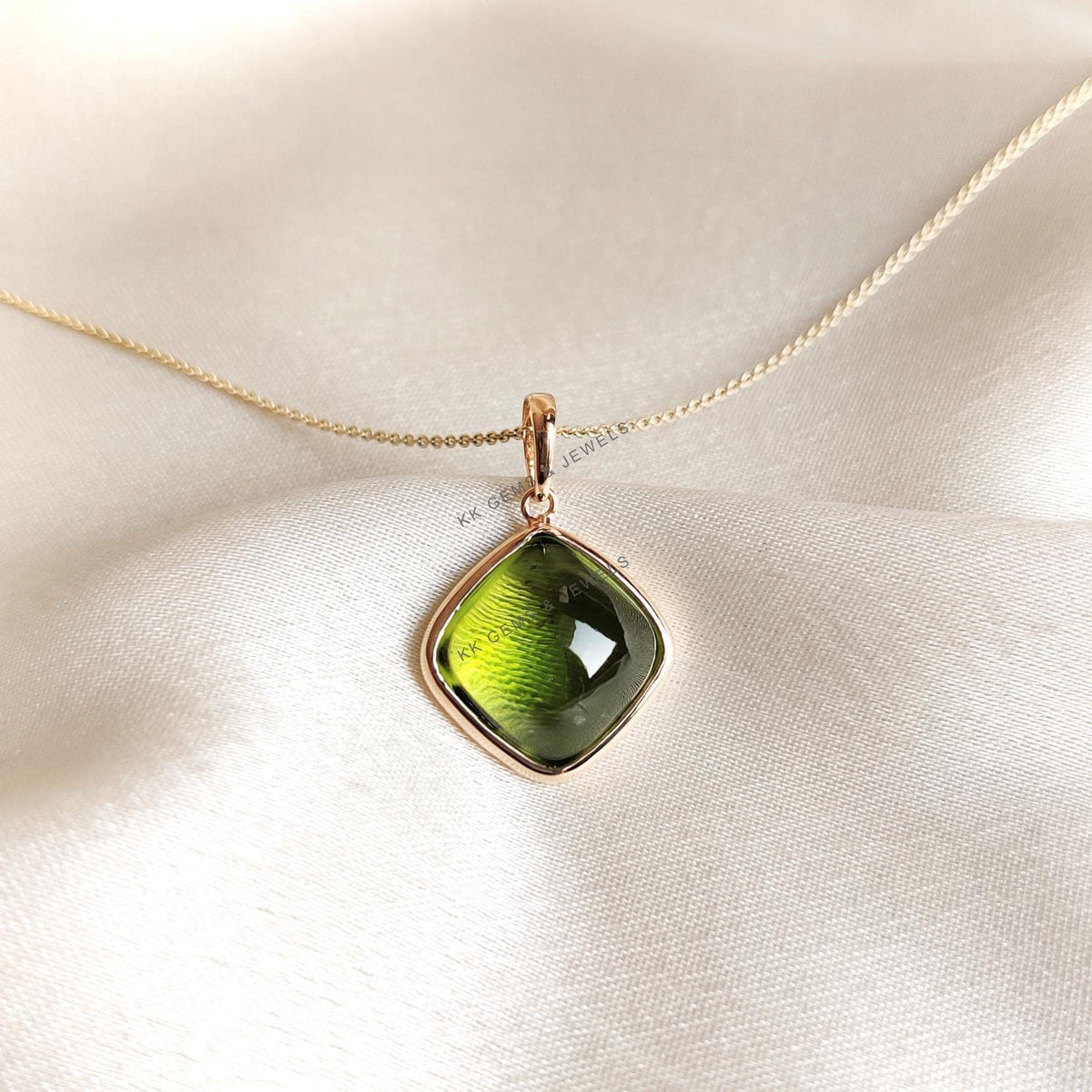 14K Solid Yellow Gold Natural Peridot Pendant: Cushion Cut August Birthstone