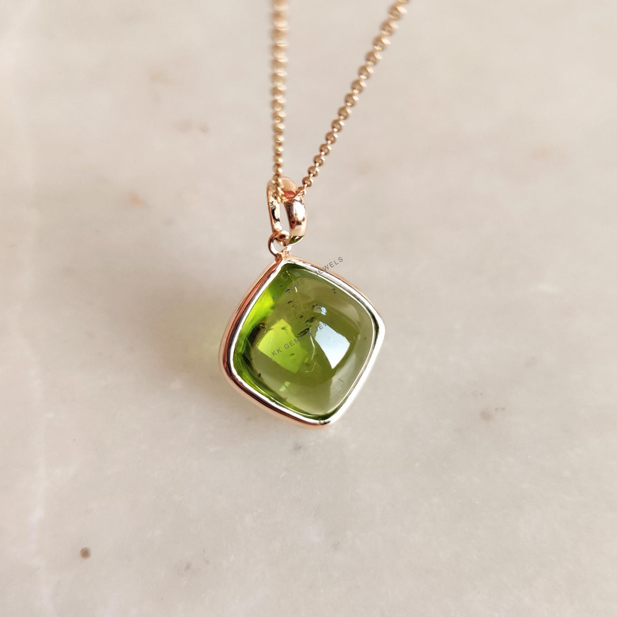 14K Solid Yellow Gold Natural Peridot Pendant: Cushion Cut August Birthstone