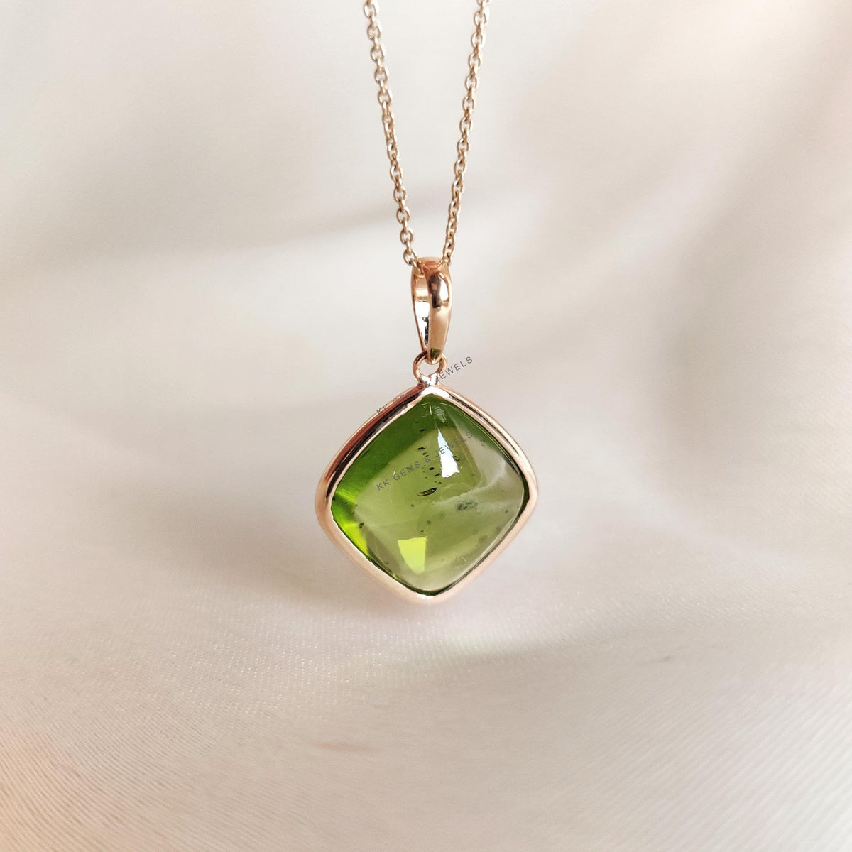 14K Solid Yellow Gold Natural Peridot Pendant: Cushion Cut August Birthstone