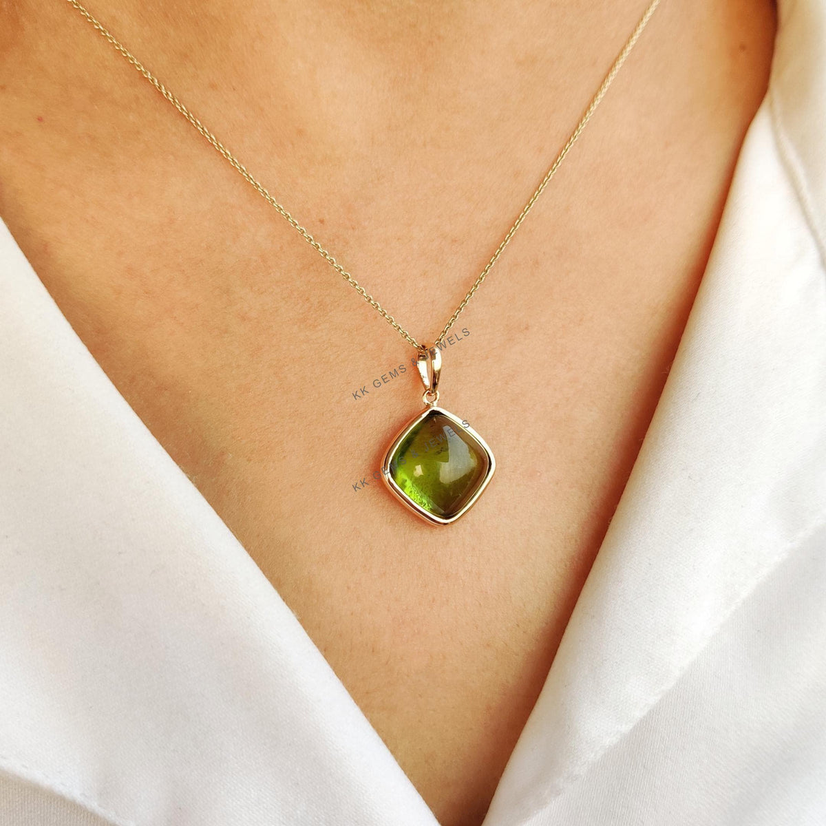 14K Solid Yellow Gold Natural Peridot Pendant: Cushion Cut August Birthstone
