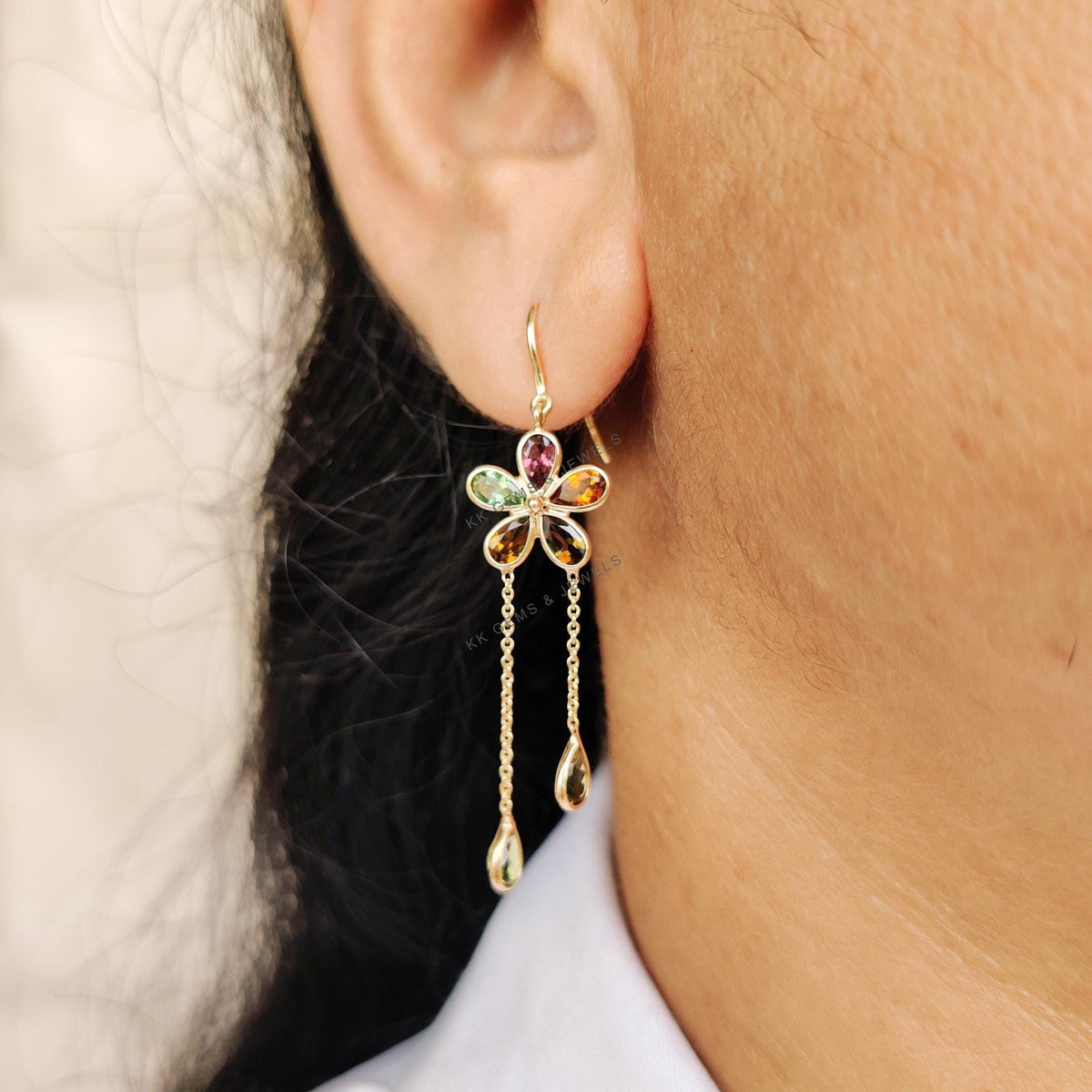 14K Solid Yellow Gold Natural Multi Tourmaline Dangler Earrings, October Birthstone