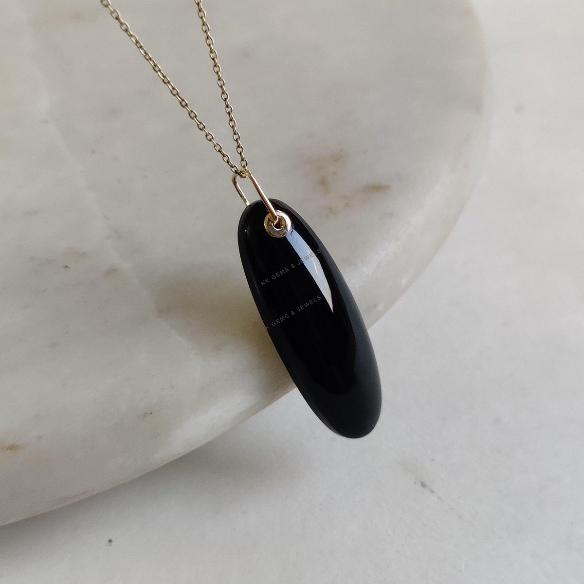 14K Solid Yellow Gold Natural Black Onyx Pendant, Oblong Oval Cabochon