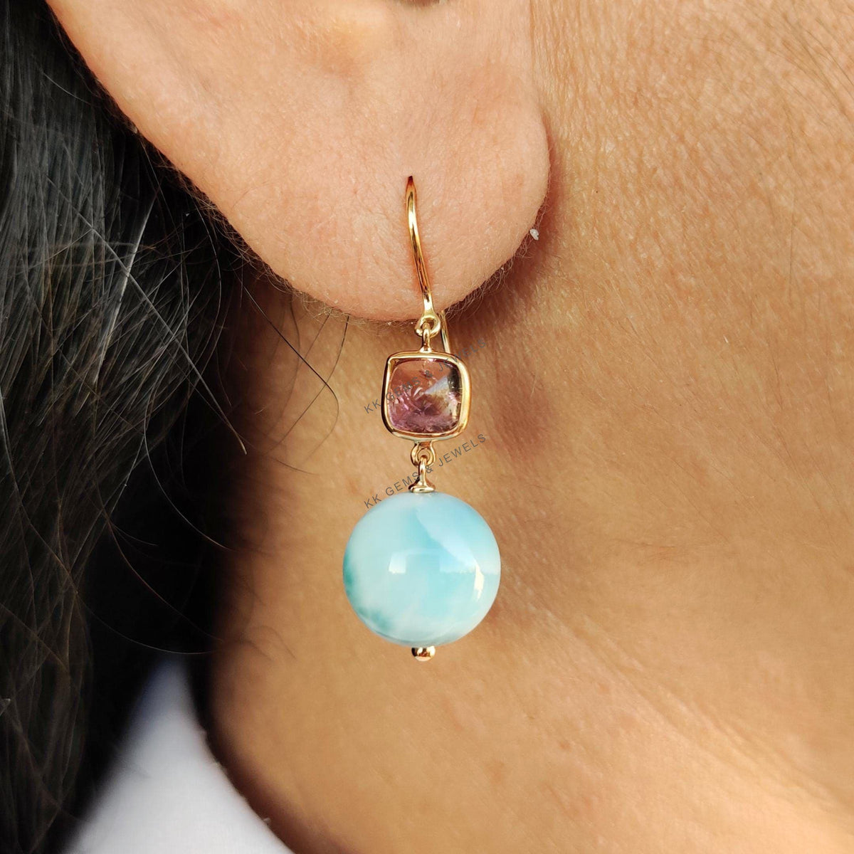 Natural Larimar Ball & Pink Tourmaline Earrings, 18K Solid Yellow Gold Drop Earrings
