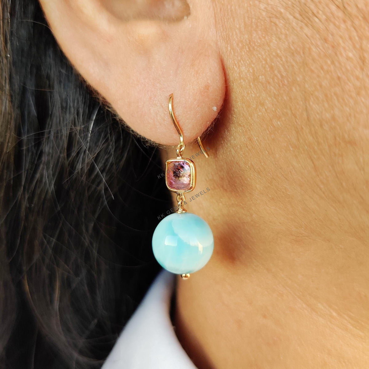 Natural Larimar Ball & Pink Tourmaline Earrings, 18K Solid Yellow Gold Drop Earrings