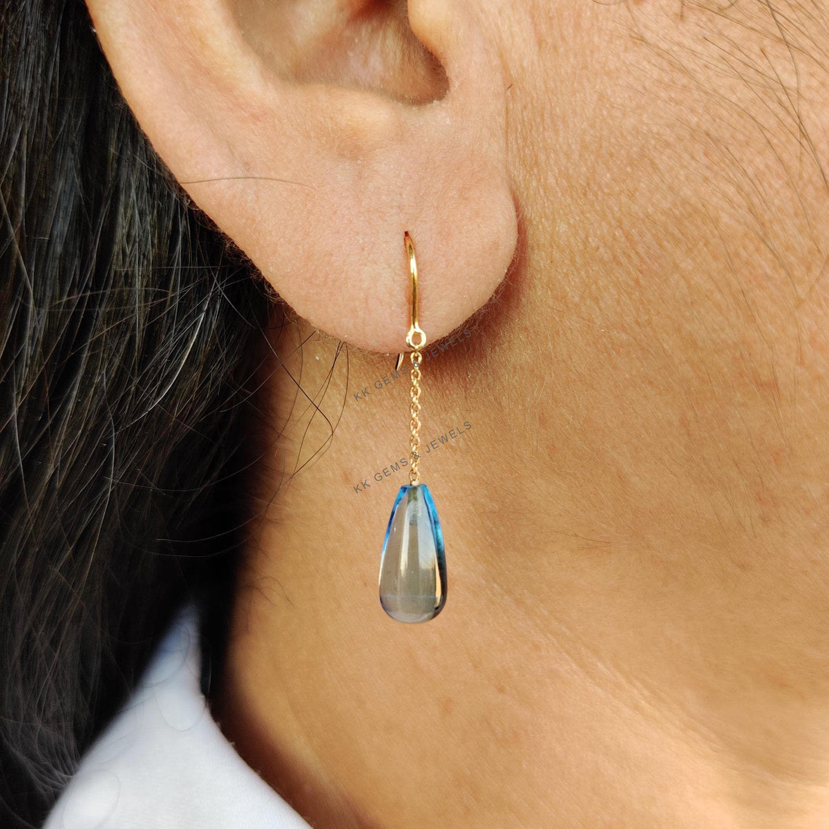 14K Solid Yellow Gold Natural Swiss Blue Topaz Drop Earrings, December Birthstone