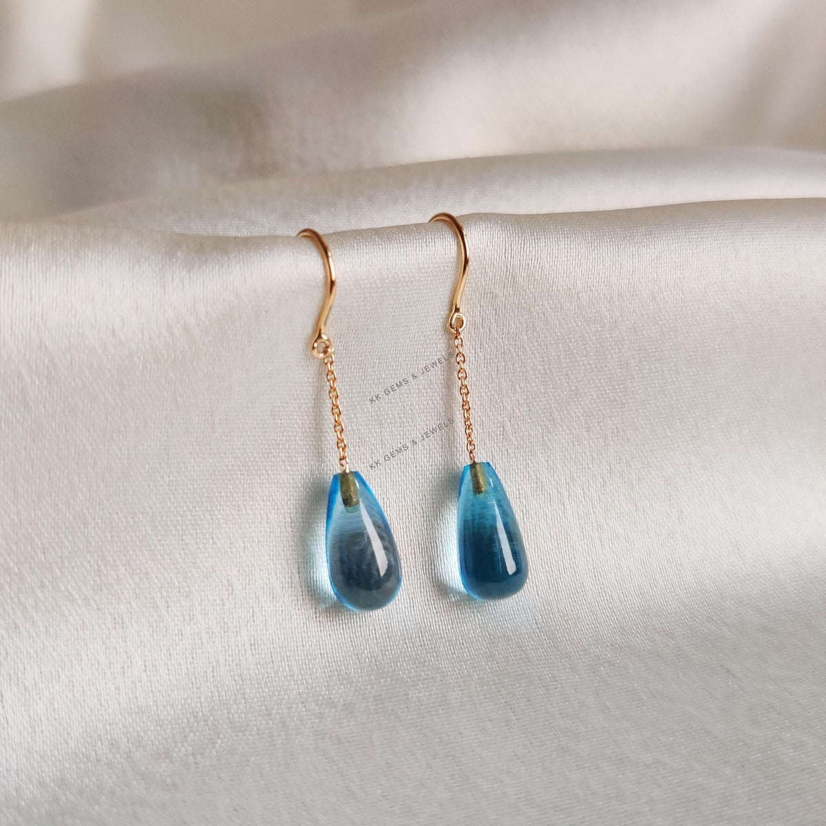14K Solid Yellow Gold Natural Swiss Blue Topaz Drop Earrings, December Birthstone