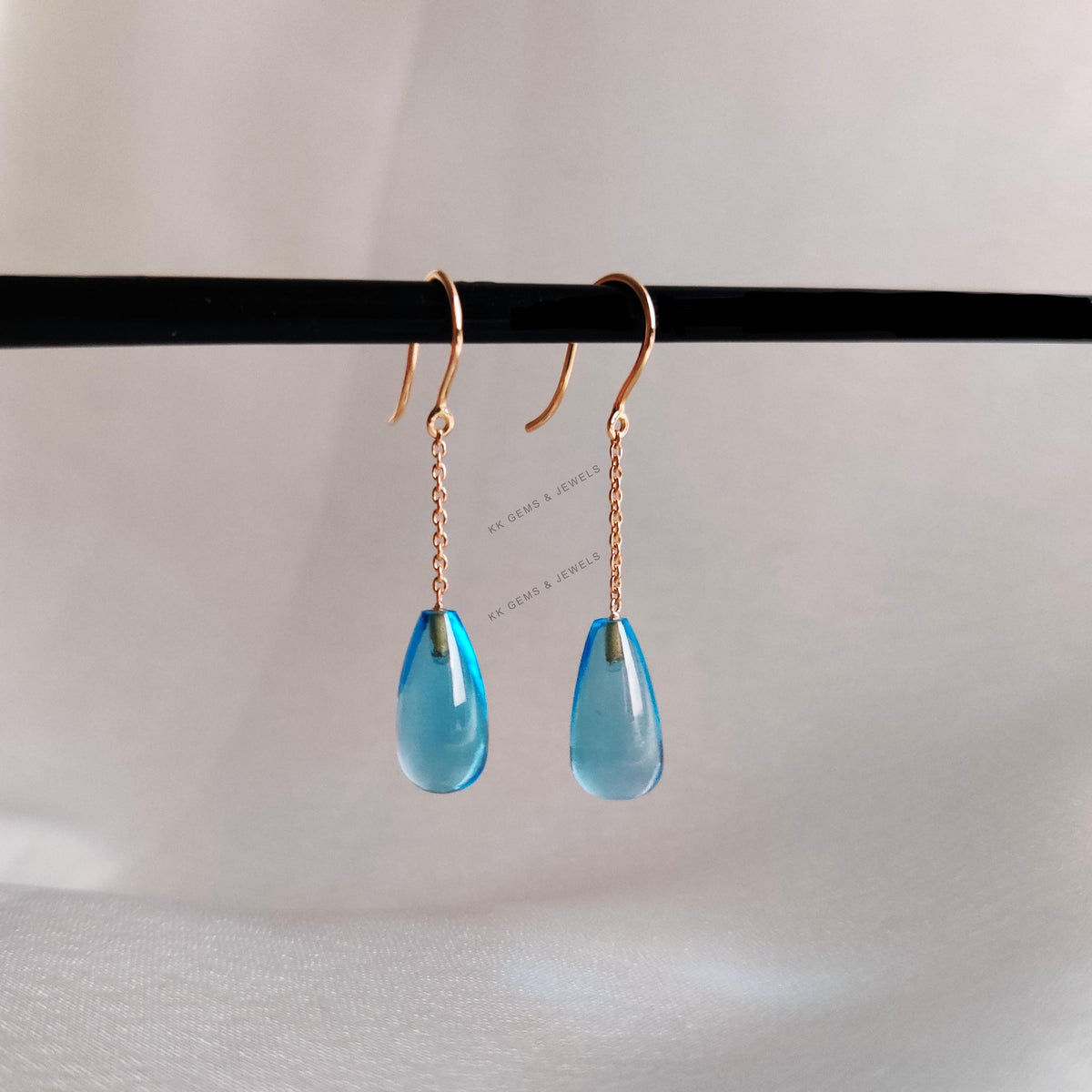 14K Solid Yellow Gold Natural Swiss Blue Topaz Drop Earrings, December Birthstone