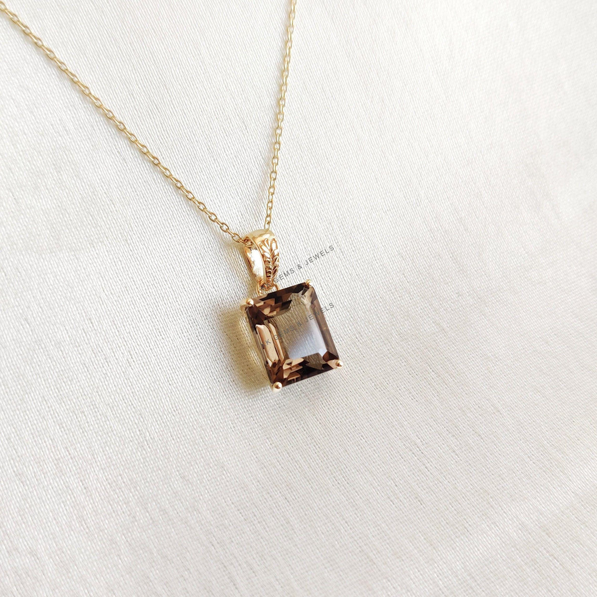 14K Solid Yellow Gold Natural Smoky Quartz Octagon Pendant, June Birthstone