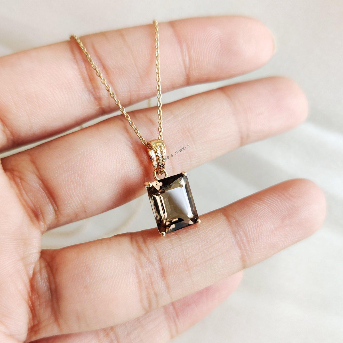 14K Solid Yellow Gold Natural Smoky Quartz Octagon Pendant, June Birthstone