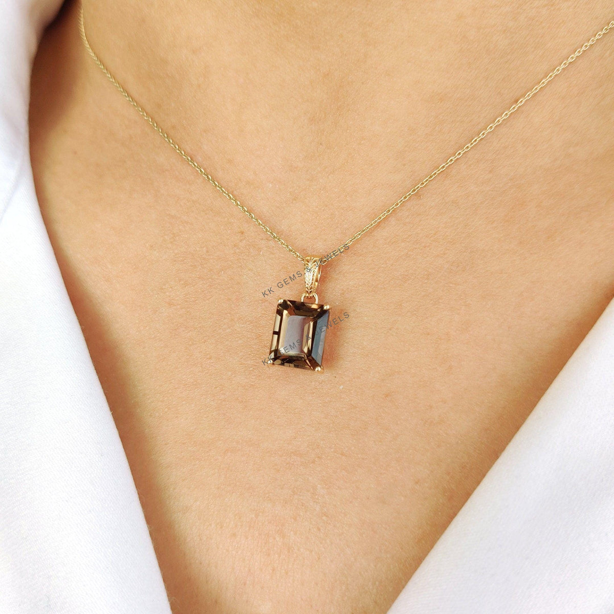 14K Solid Yellow Gold Natural Smoky Quartz Octagon Pendant, June Birthstone