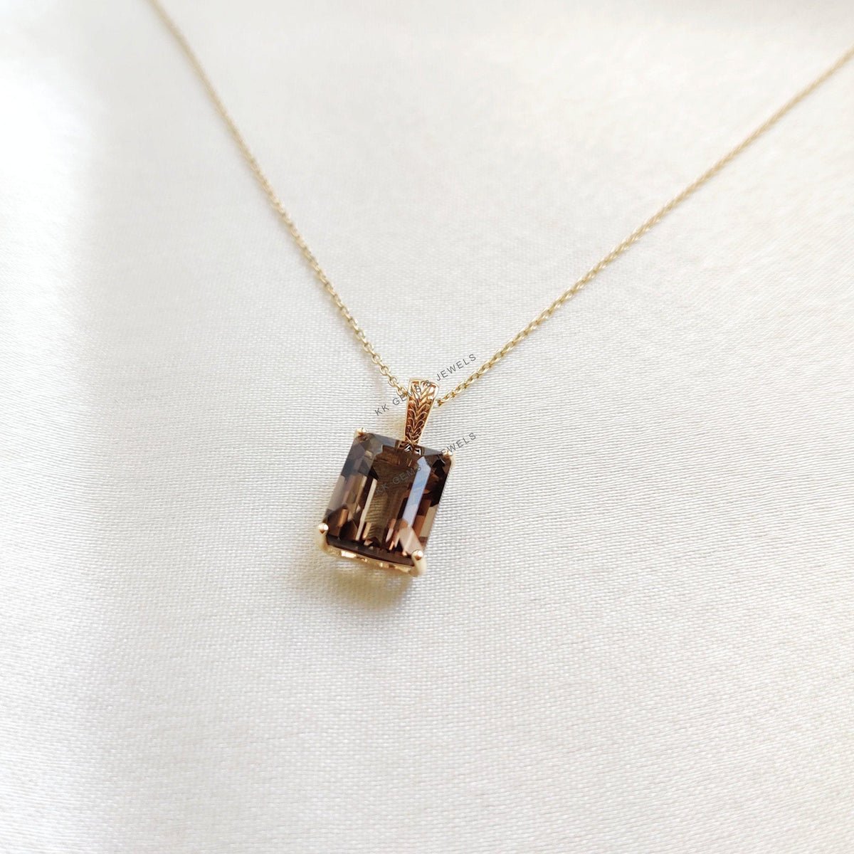 14K Solid Yellow Gold Natural Smoky Quartz Octagon Pendant, June Birthstone