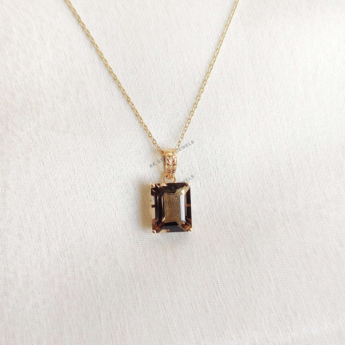 14K Solid Yellow Gold Natural Smoky Quartz Octagon Pendant, June Birthstone