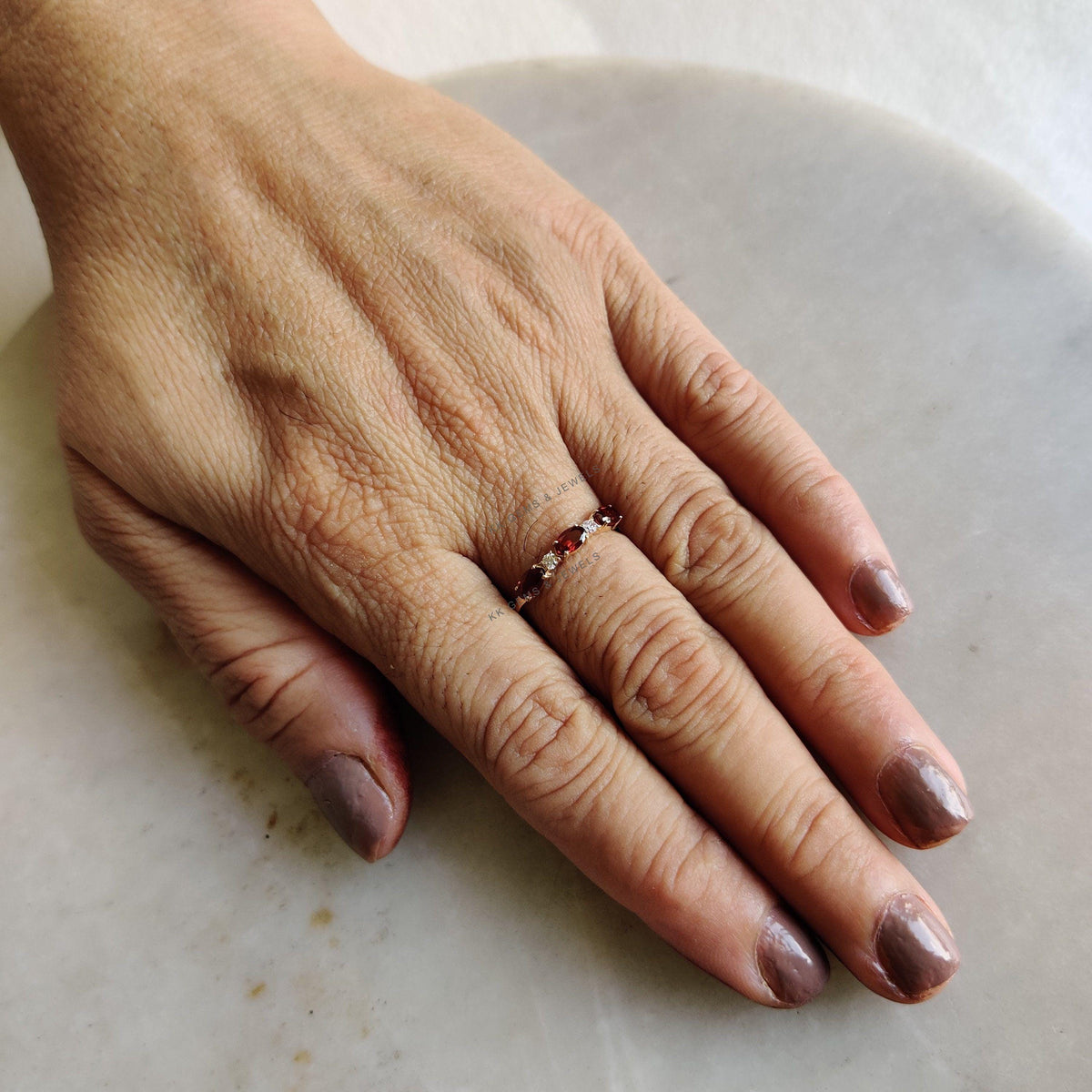 14K Solid Yellow Gold Natural Garnet & Diamond Stackable Ring, January Birthstone