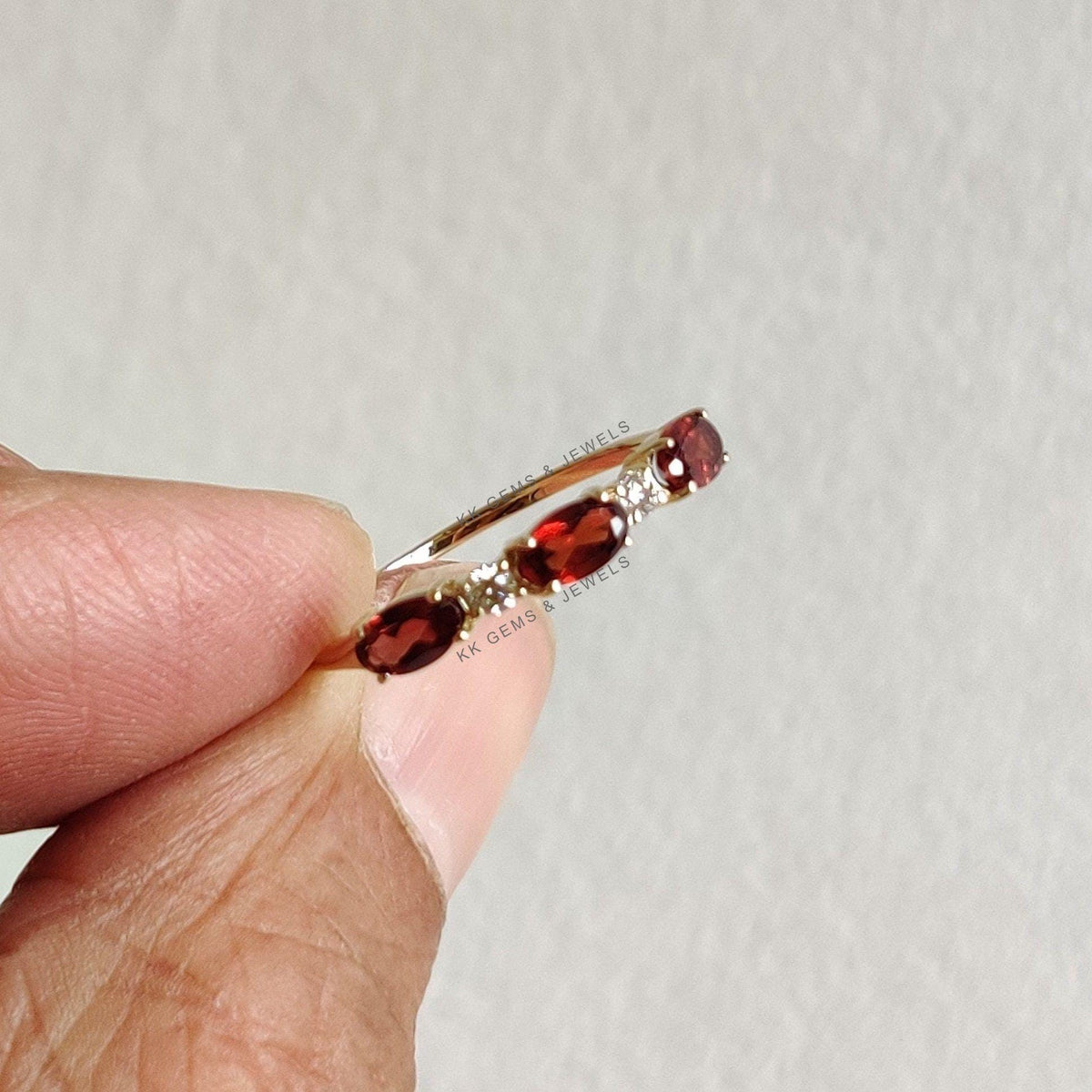 14K Solid Yellow Gold Natural Garnet & Diamond Stackable Ring, January Birthstone