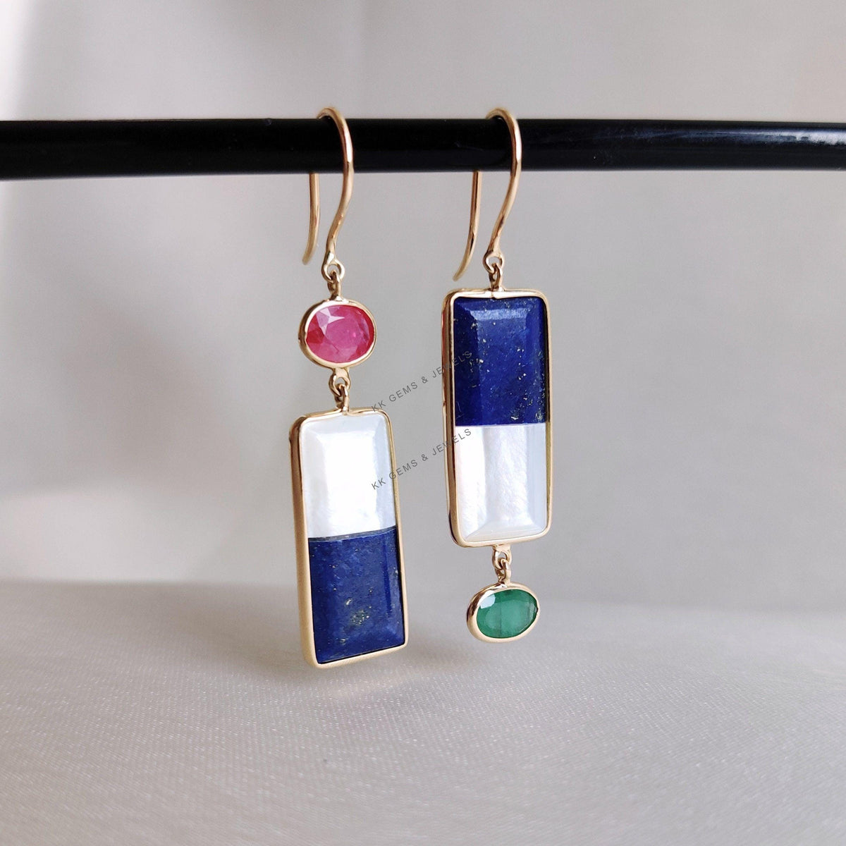 14K Solid Gold Natural Lapis & Mother of Pearl Duo Earrings, Ruby Emerald Danglers
