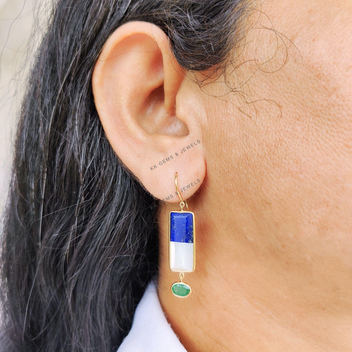 14K Solid Gold Natural Lapis & Mother of Pearl Duo Earrings, Ruby Emerald Danglers