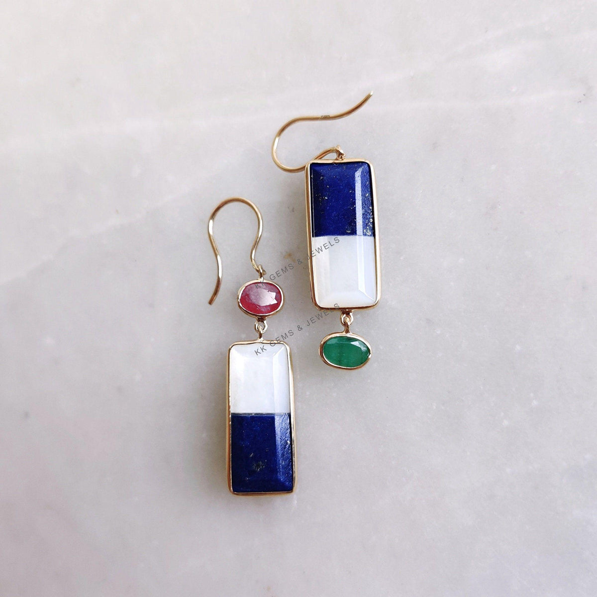14K Solid Gold Natural Lapis & Mother of Pearl Duo Earrings, Ruby Emerald Danglers