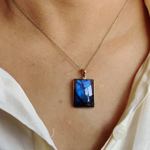 14K Solid Gold Natural Labradorite Pendant, Rectangle Cabochon, November Birthstone