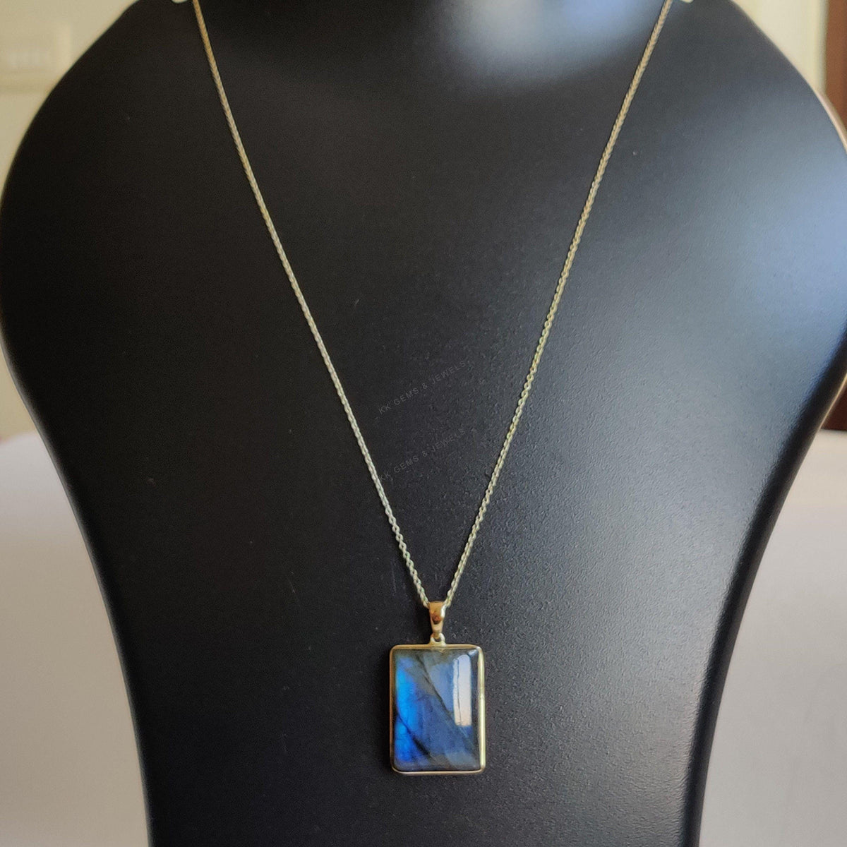 14K Solid Gold Natural Labradorite Pendant, Rectangle Cabochon, November Birthstone