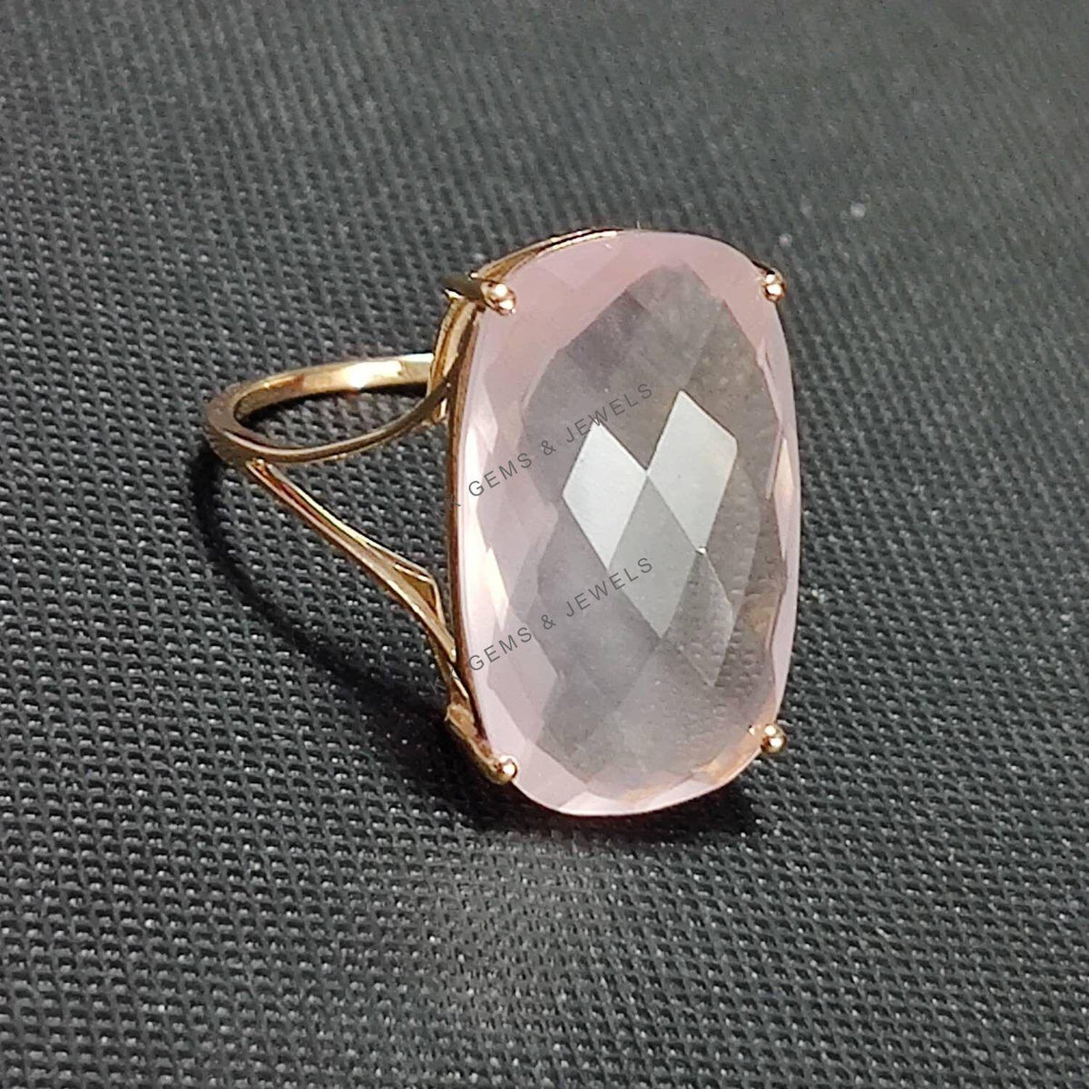 Natural Rose Quartz 14K Solid Gold Ring, Rectangle Cushion Cut, January Birthstone