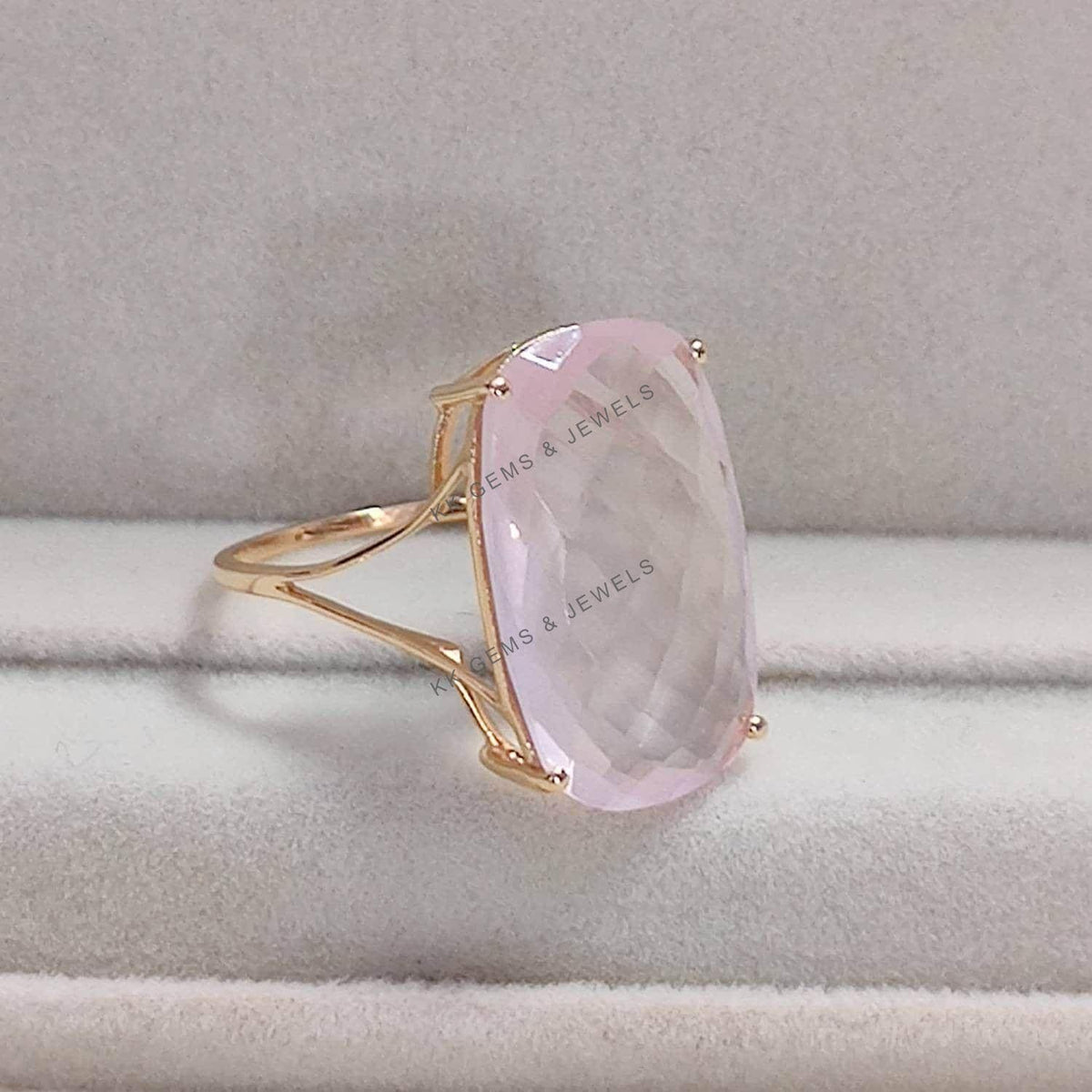 Natural Rose Quartz 14K Solid Gold Ring, Rectangle Cushion Cut, January Birthstone