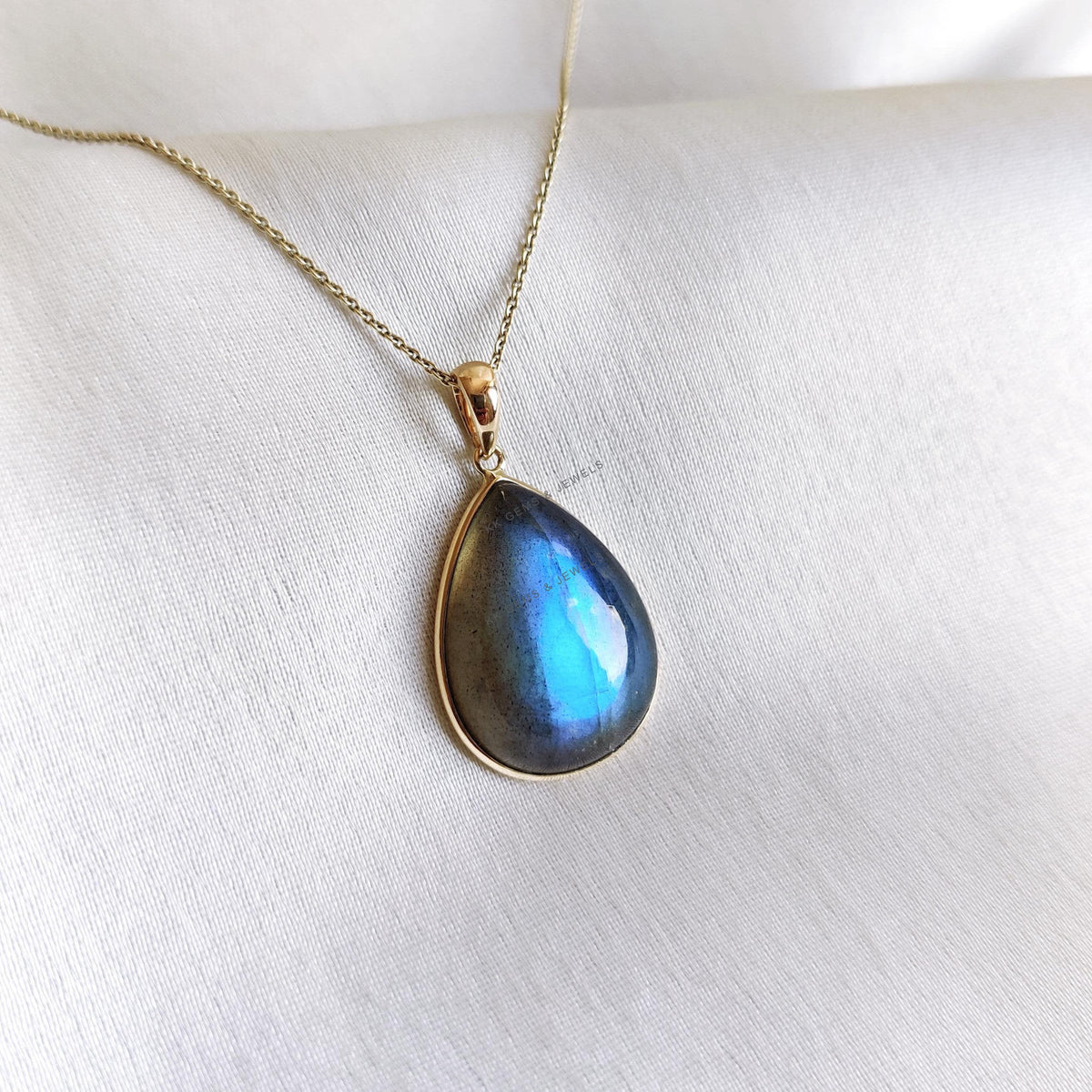 14K Solid Yellow Gold Pear Natural Labradorite Bezel Pendant, November Birthstone