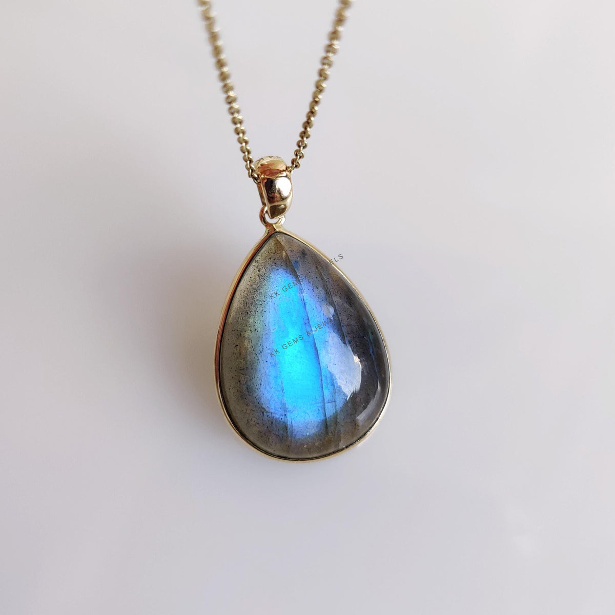 14K Solid Yellow Gold Pear Natural Labradorite Bezel Pendant, November Birthstone