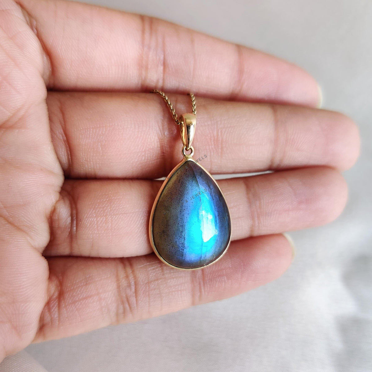 14K Solid Yellow Gold Pear Natural Labradorite Bezel Pendant, November Birthstone