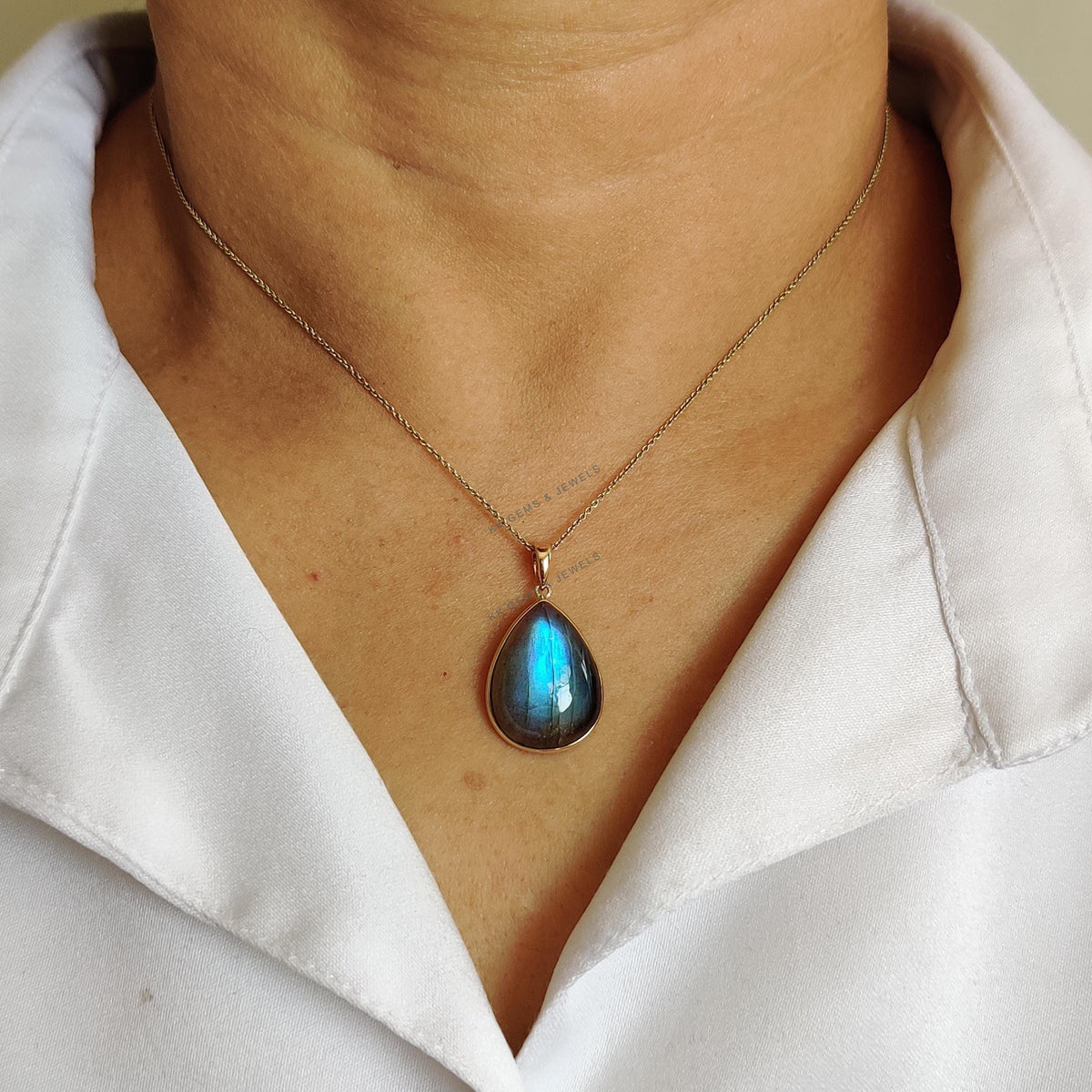 14K Solid Yellow Gold Pear Natural Labradorite Bezel Pendant, November Birthstone