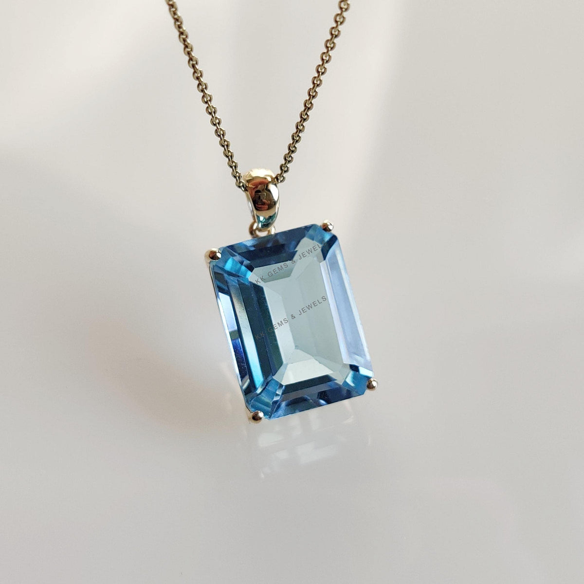 14K Solid Yellow Gold Natural Sky Blue Topaz Octagon Pendant, December Birthstone