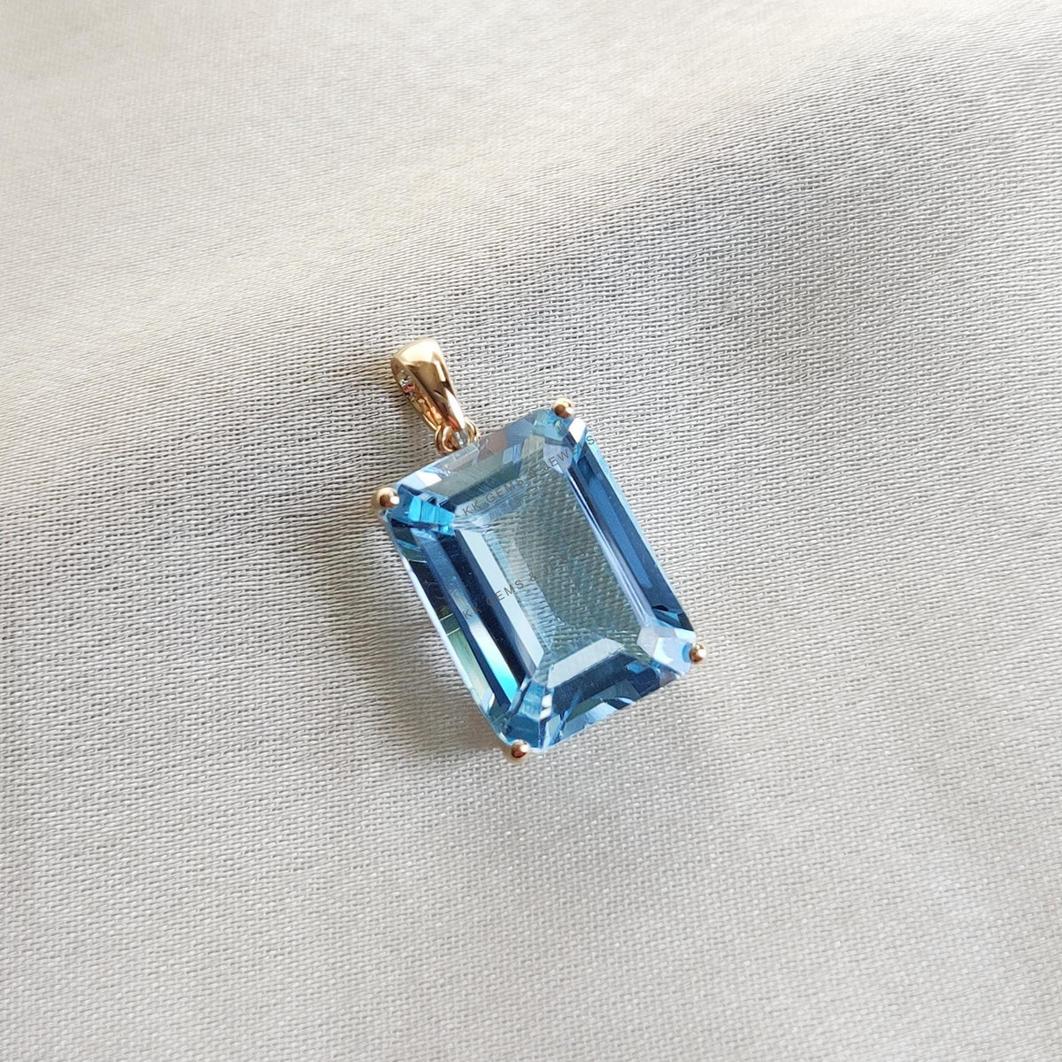14K Solid Yellow Gold Natural Sky Blue Topaz Octagon Pendant, December Birthstone