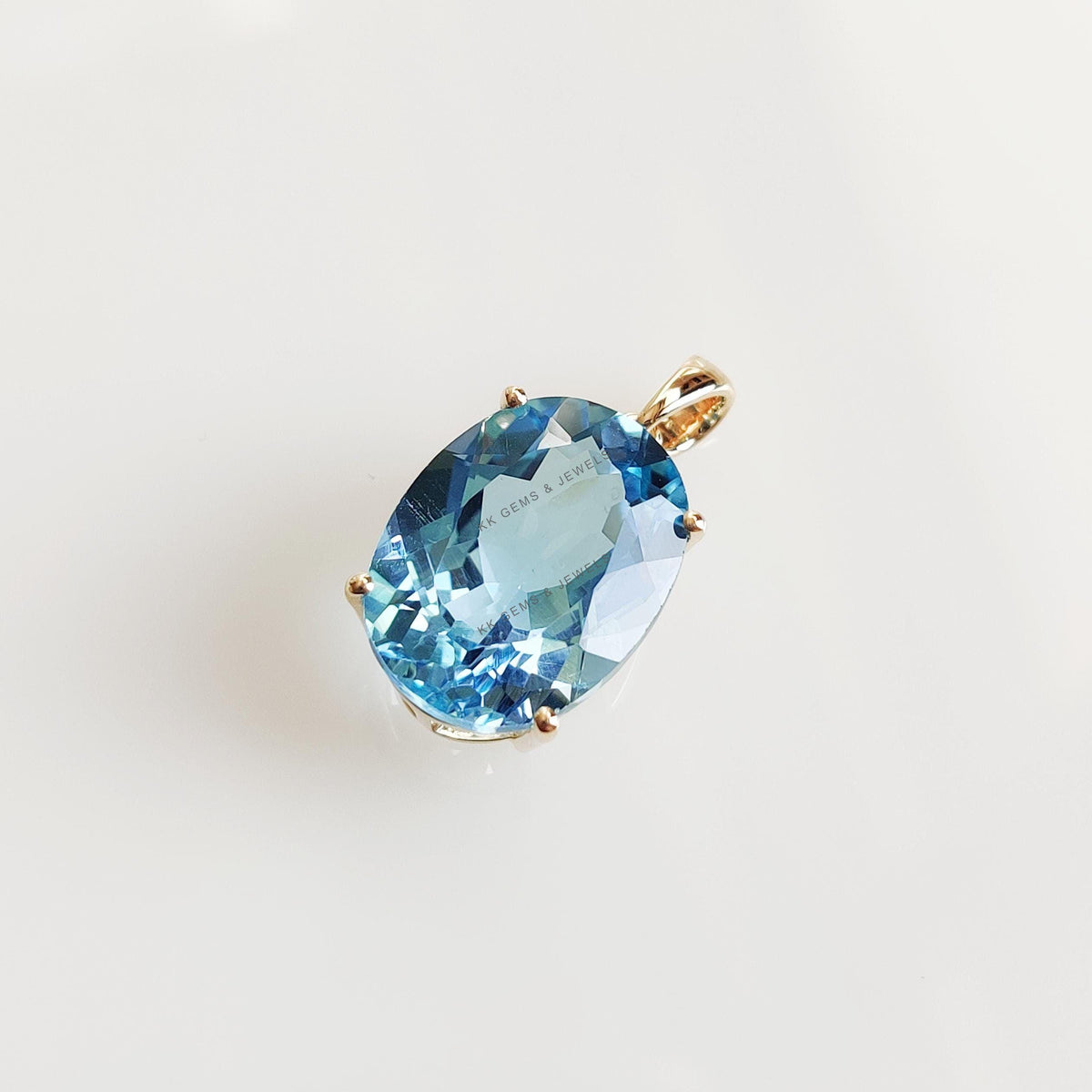 14K Solid Yellow Gold Natural Sky Blue Topaz Pendant, Oval Cut, December Birthstone