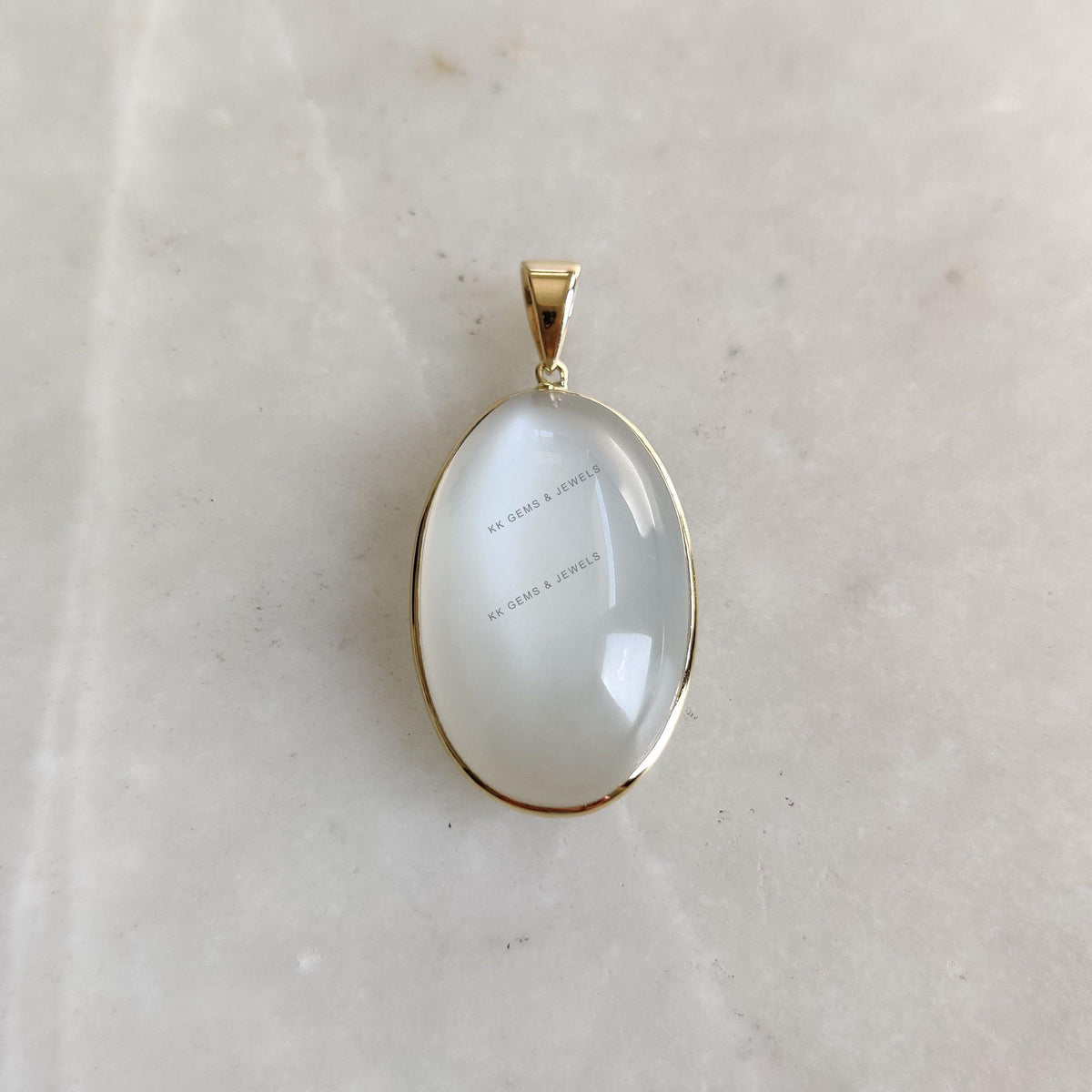 14K Solid Gold Natural White Moonstone Pendant, Oval Cabochon, June Birthstone