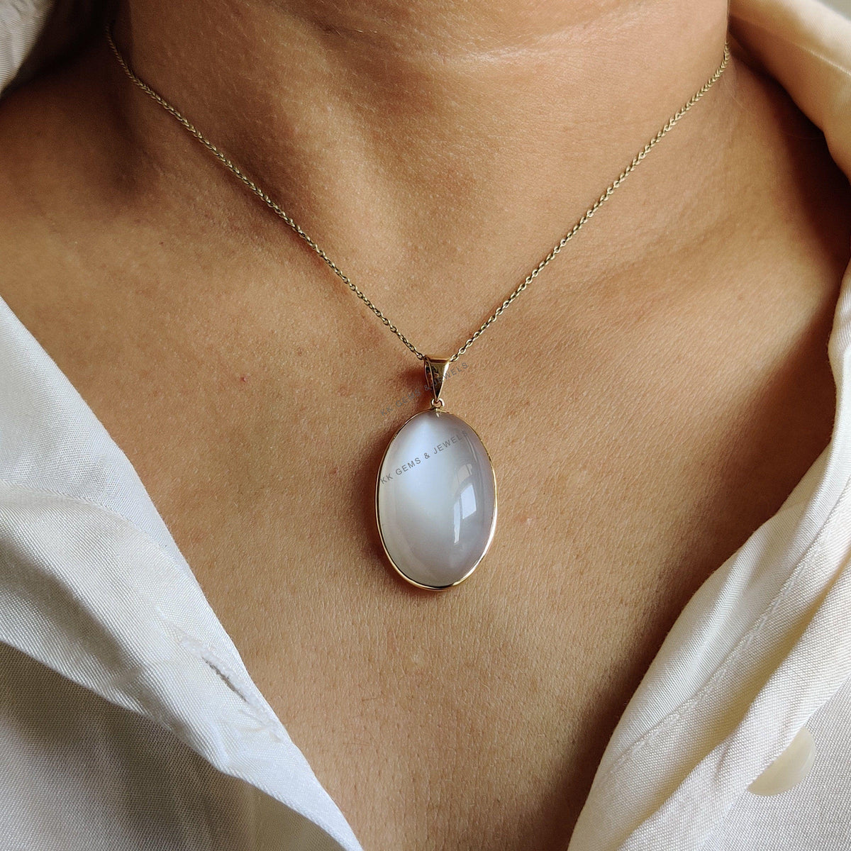 14K Solid Gold Natural White Moonstone Pendant, Oval Cabochon, June Birthstone