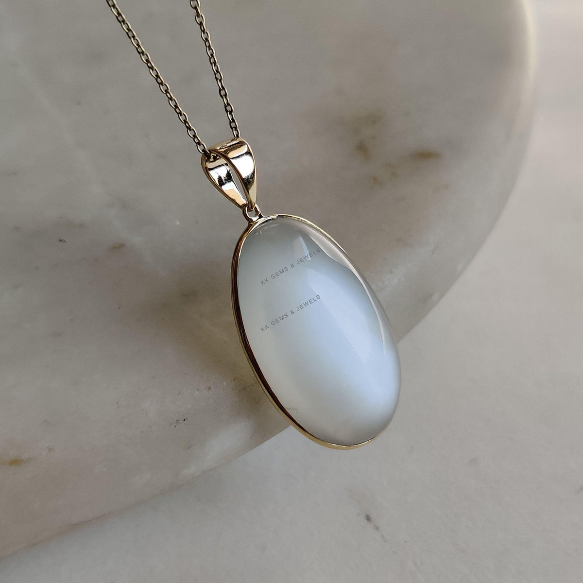 14K Solid Gold Natural White Moonstone Pendant, Oval Cabochon, June Birthstone