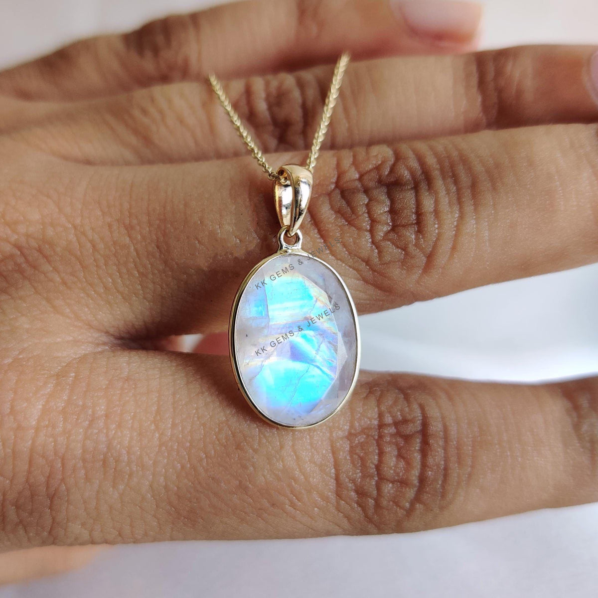 Natural Rainbow Moonstone Pendant, 14K Solid Gold Bezel Set, June Birthstone