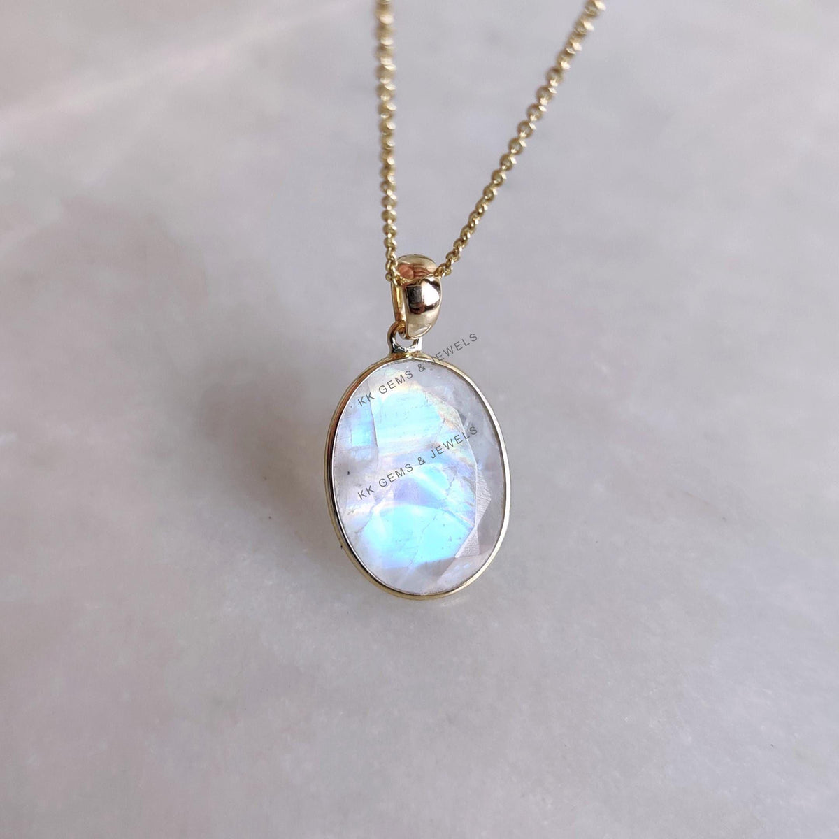 Natural Rainbow Moonstone Pendant, 14K Solid Gold Bezel Set, June Birthstone