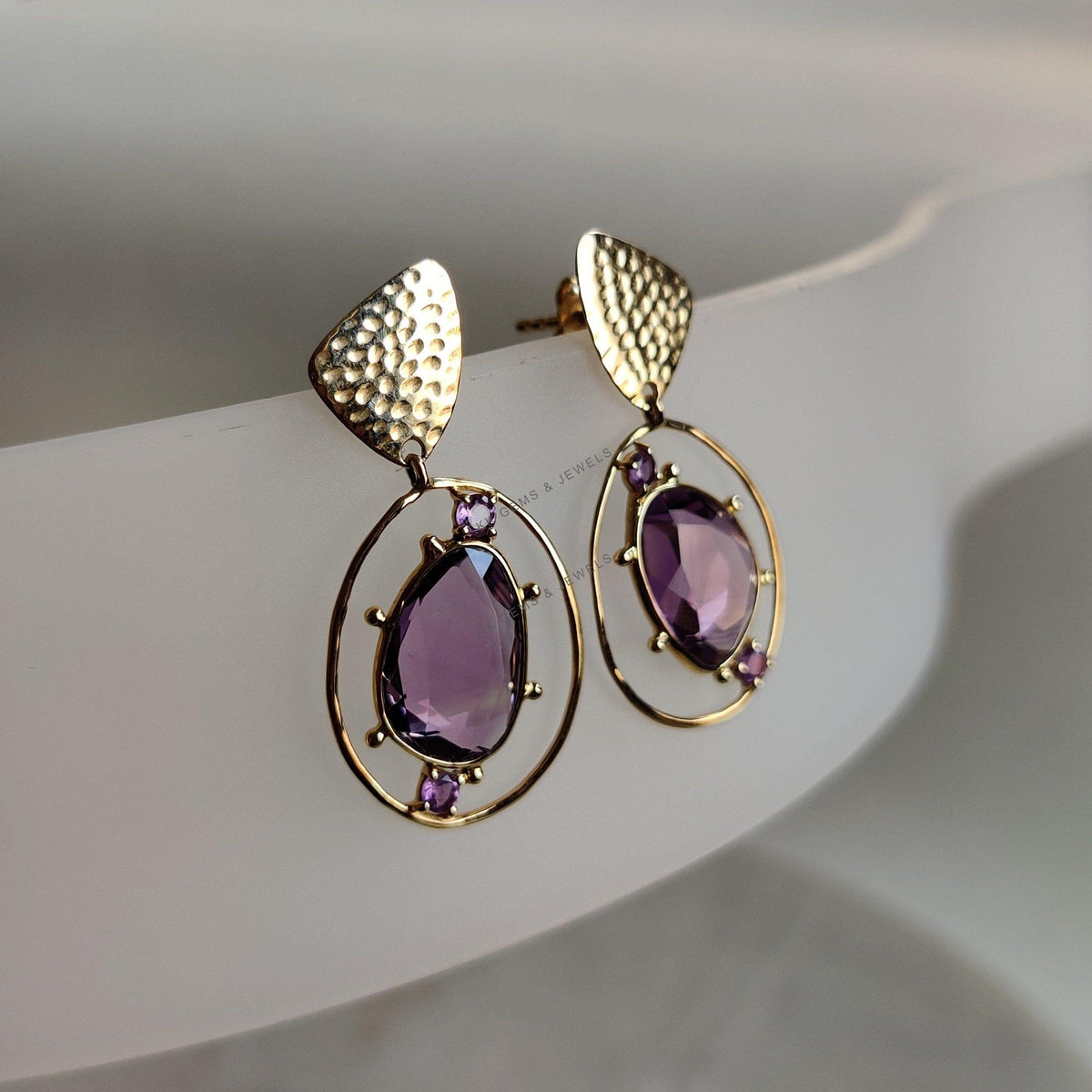 14K Solid Yellow Gold Natural Purple Amethyst Earrings, Pear Cut February Birthstone