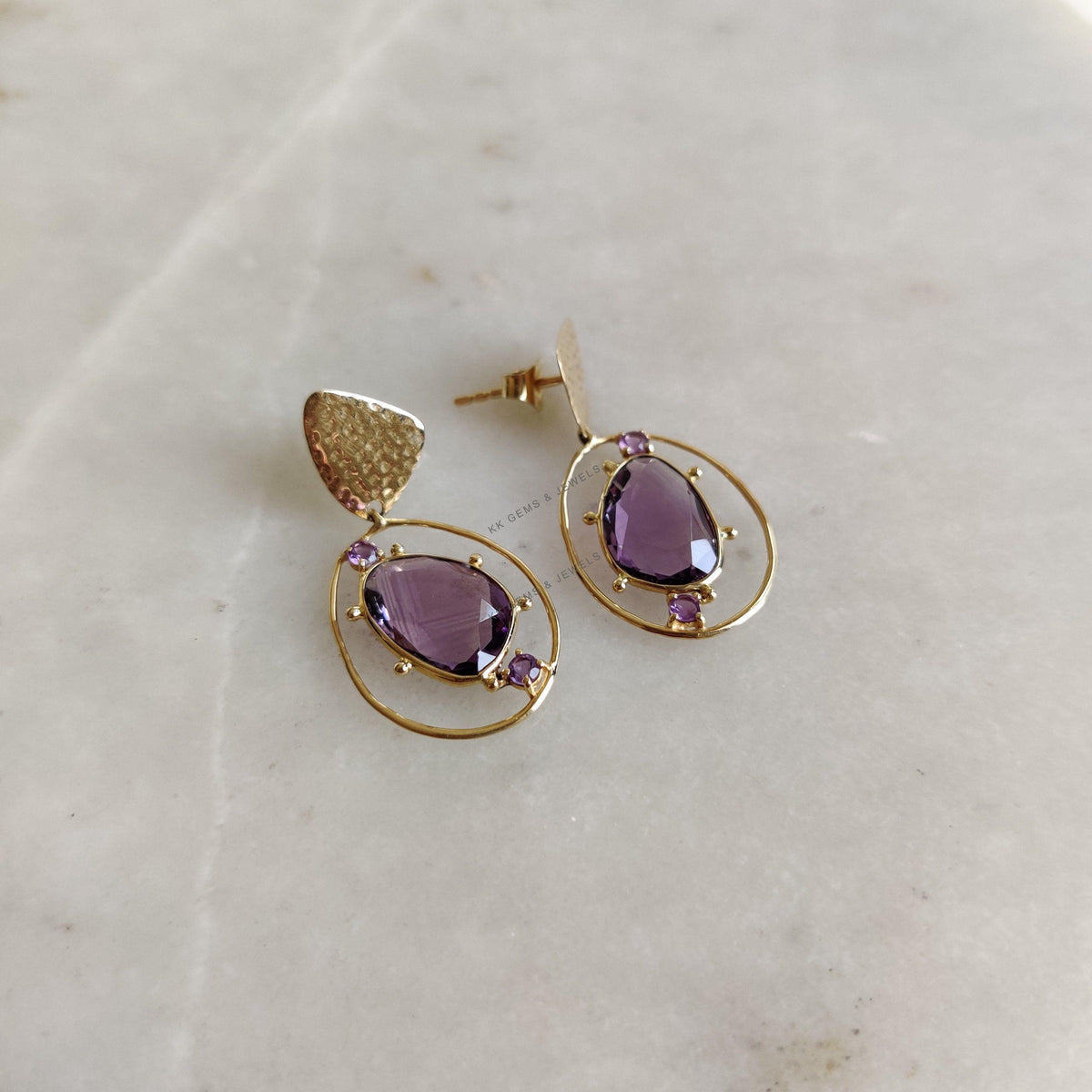 14K Solid Yellow Gold Natural Purple Amethyst Earrings, Pear Cut February Birthstone