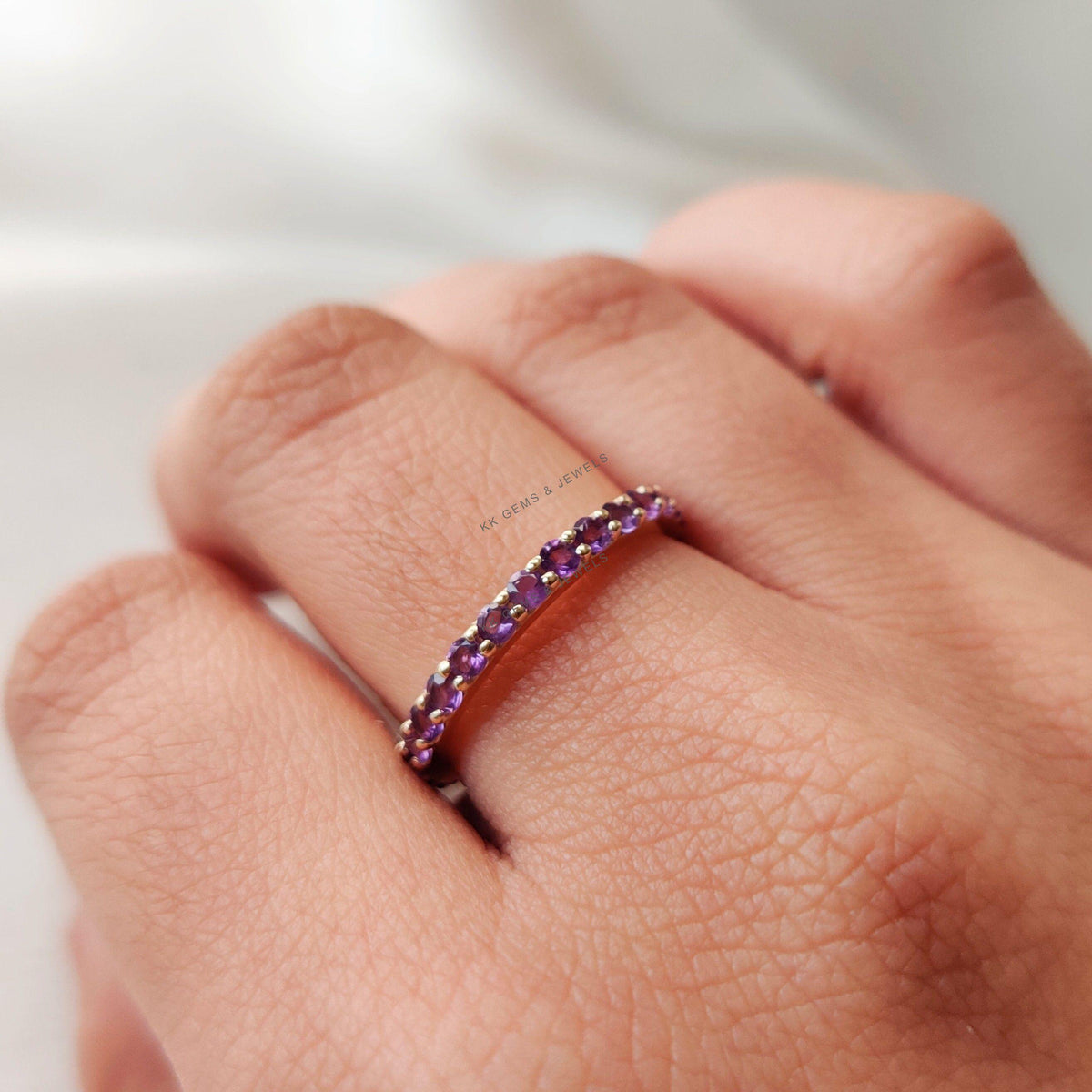 14K Solid Yellow Gold Natural Purple Amethyst Eternity Band, February Birthstone, Christmas Present