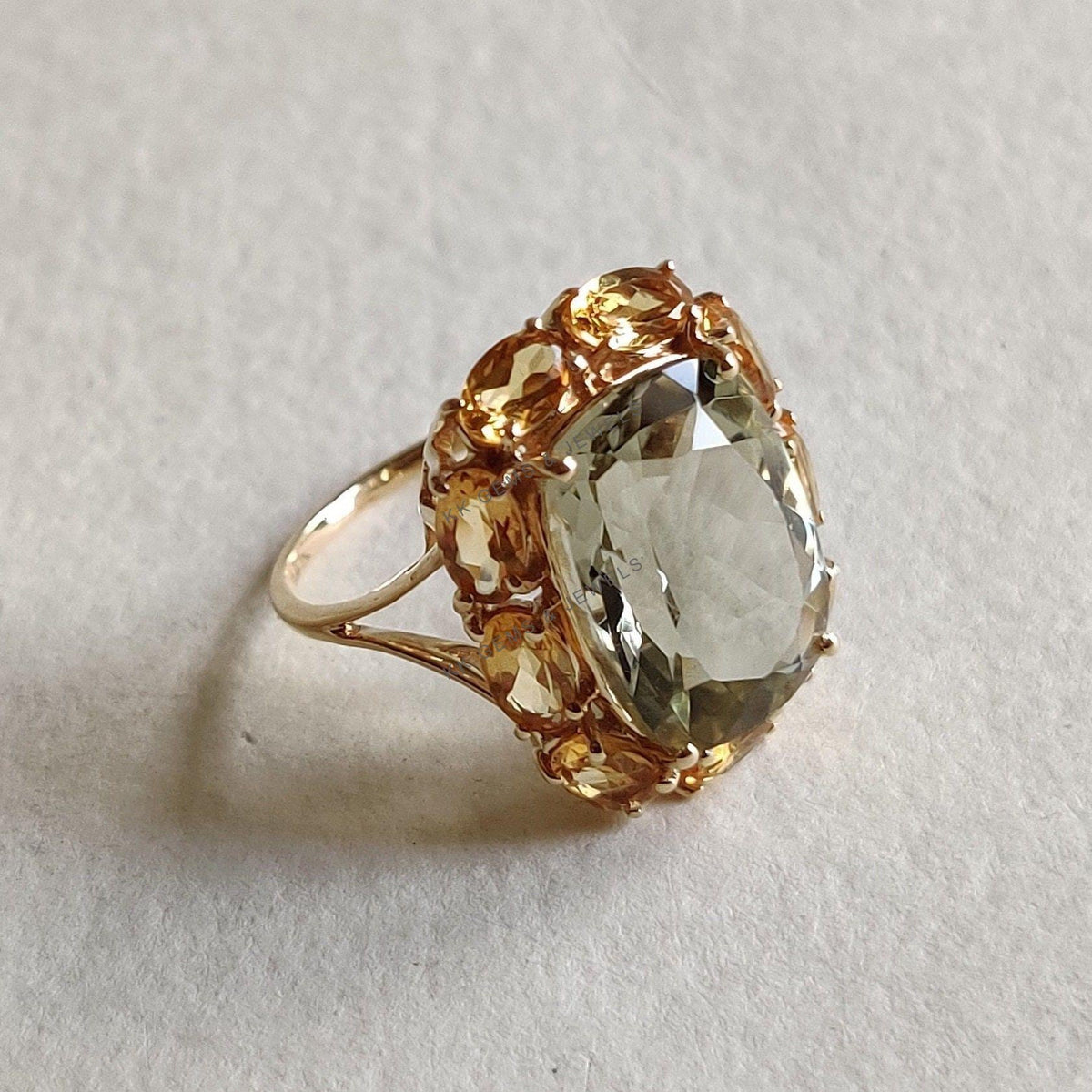 Natural Green Amethyst & Citrine Cocktail Ring, 14K Solid Yellow Gold Wedding Ring