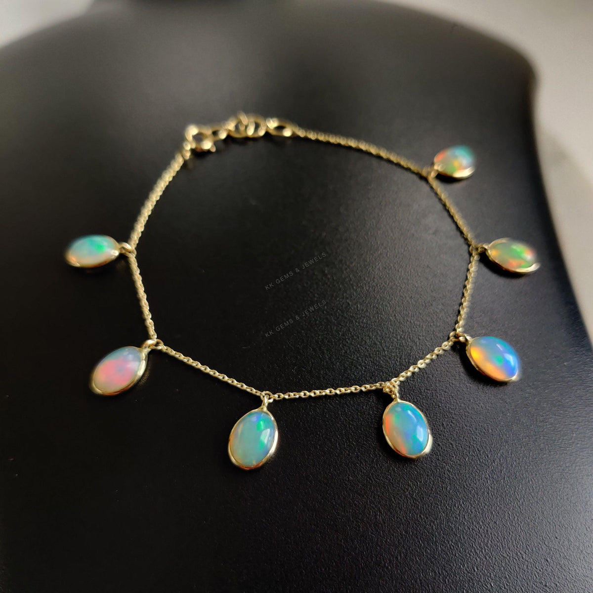 Natural Ethiopion Opal 14K Solid Yellow Gold Bracelet, October Birthstone