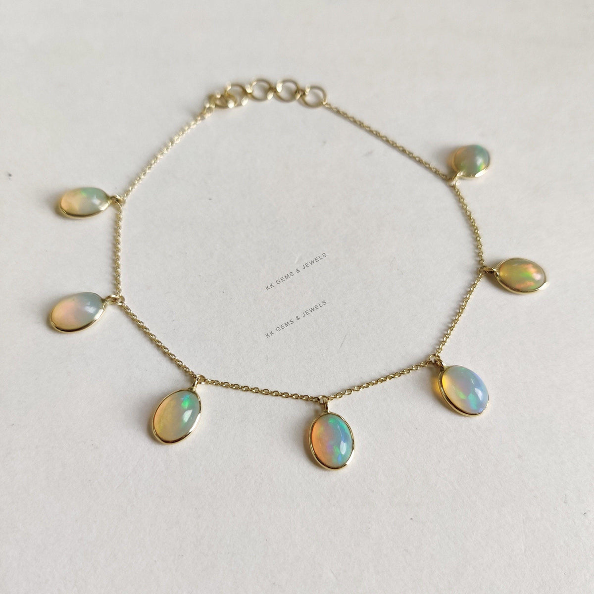 Natural Ethiopion Opal 14K Solid Yellow Gold Bracelet, October Birthstone
