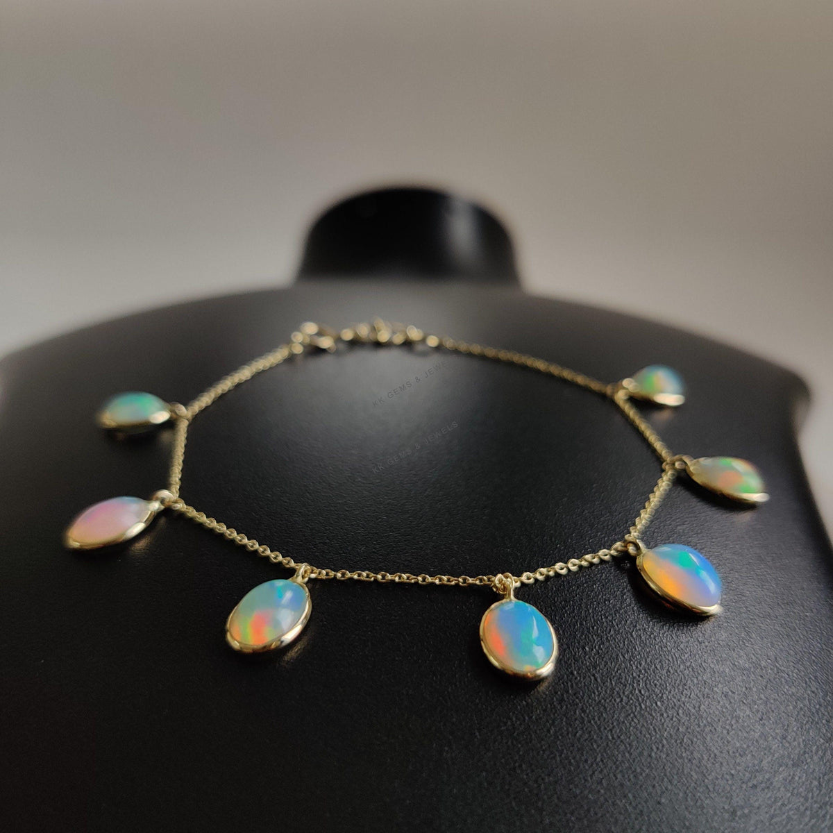 Natural Ethiopion Opal 14K Solid Yellow Gold Bracelet, October Birthstone
