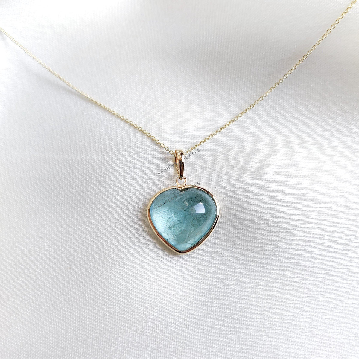14K Solid Yellow Gold Natural Aquamarine Heart Pendant - March Birthstone