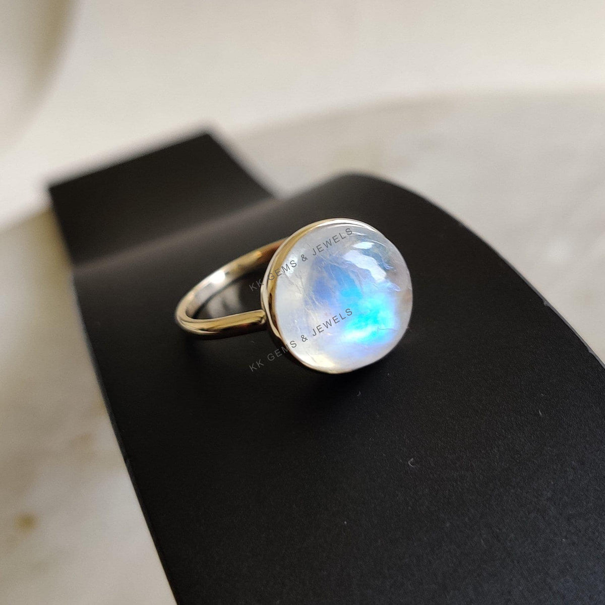 14K Solid Gold Natural Rainbow Moonstone Ring, Round Cabochon, June Birthstone
