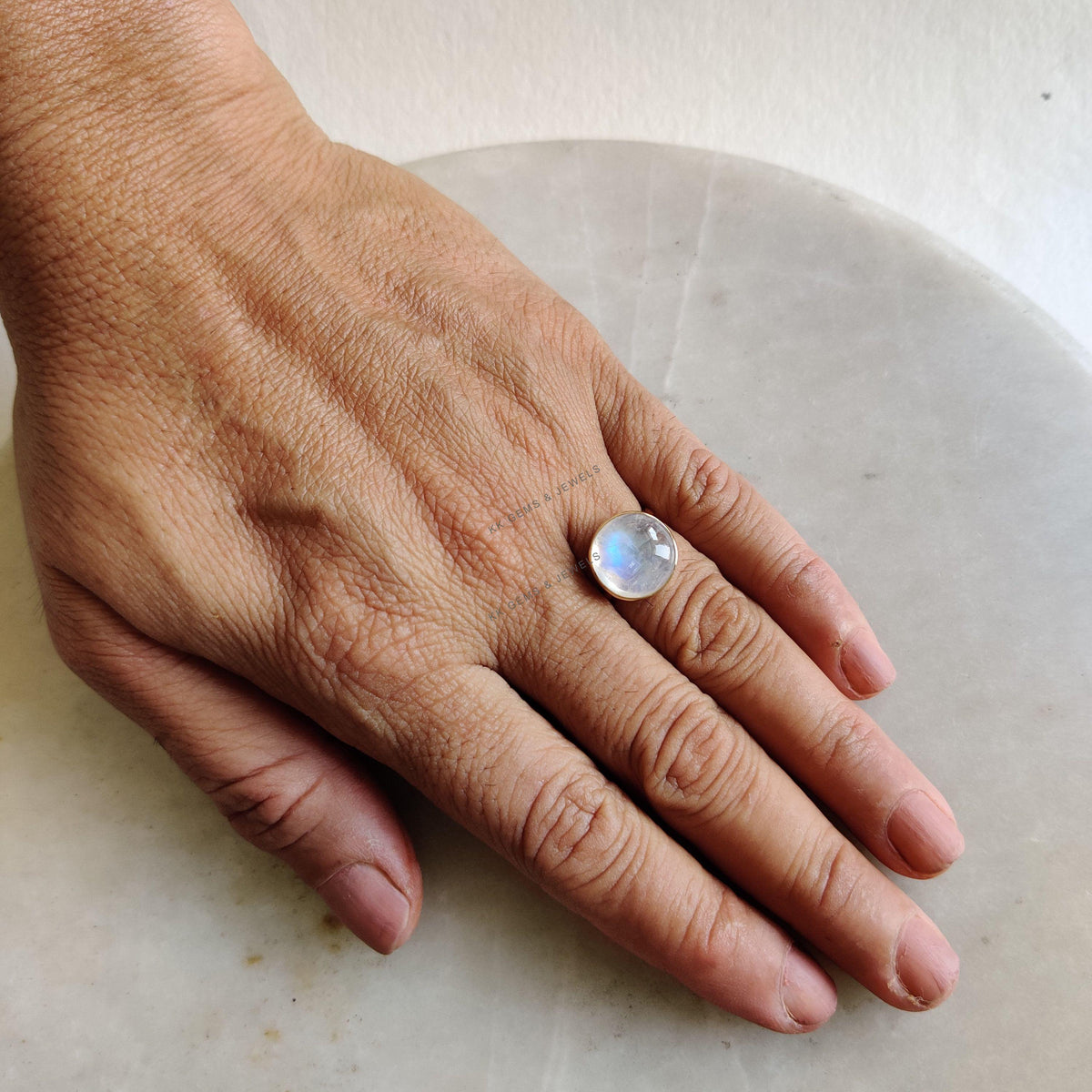14K Solid Gold Natural Rainbow Moonstone Ring, Round Cabochon, June Birthstone